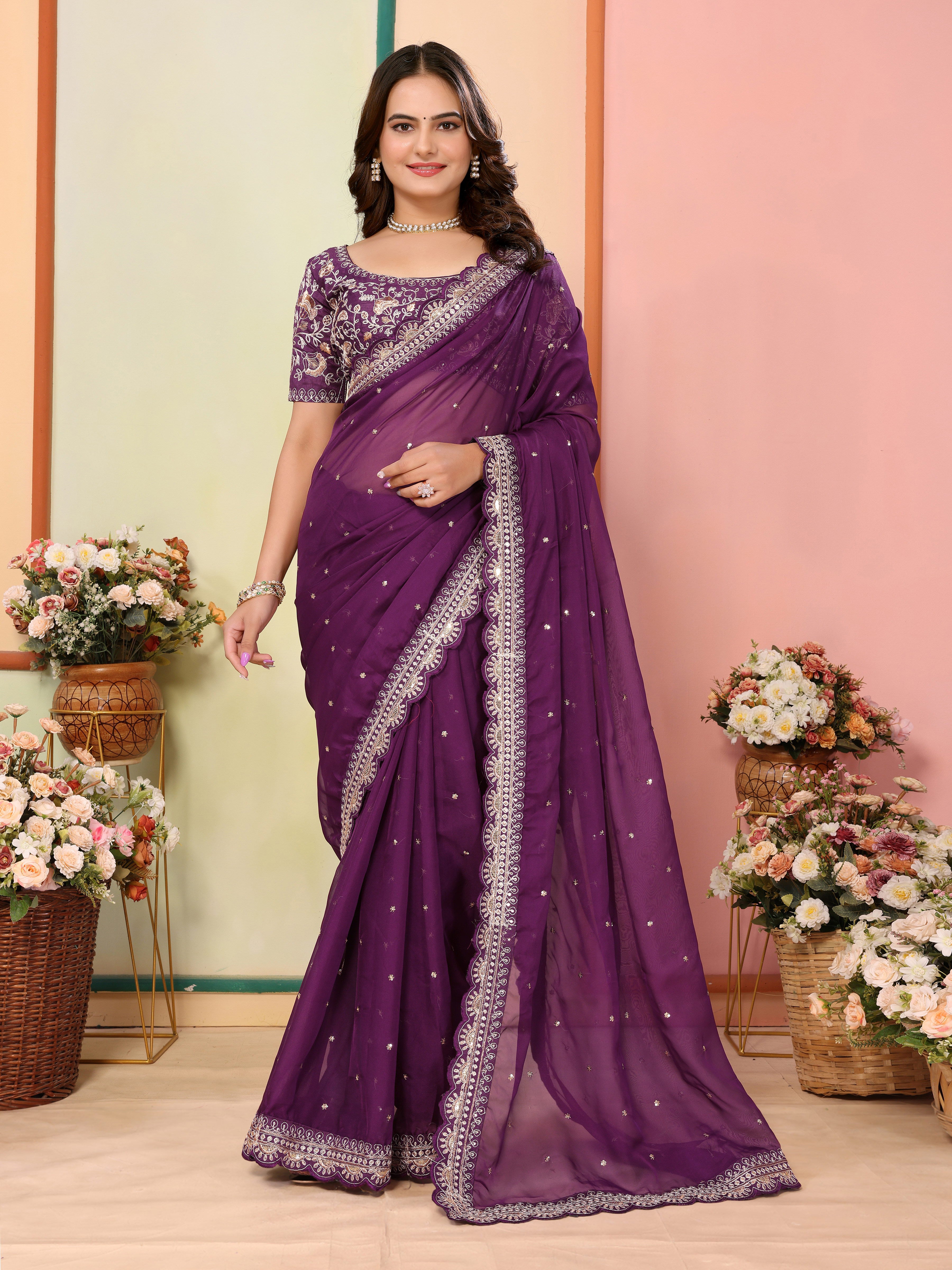 Wine Organza Festival Saree | Designer Embroidery Art Silk Couture