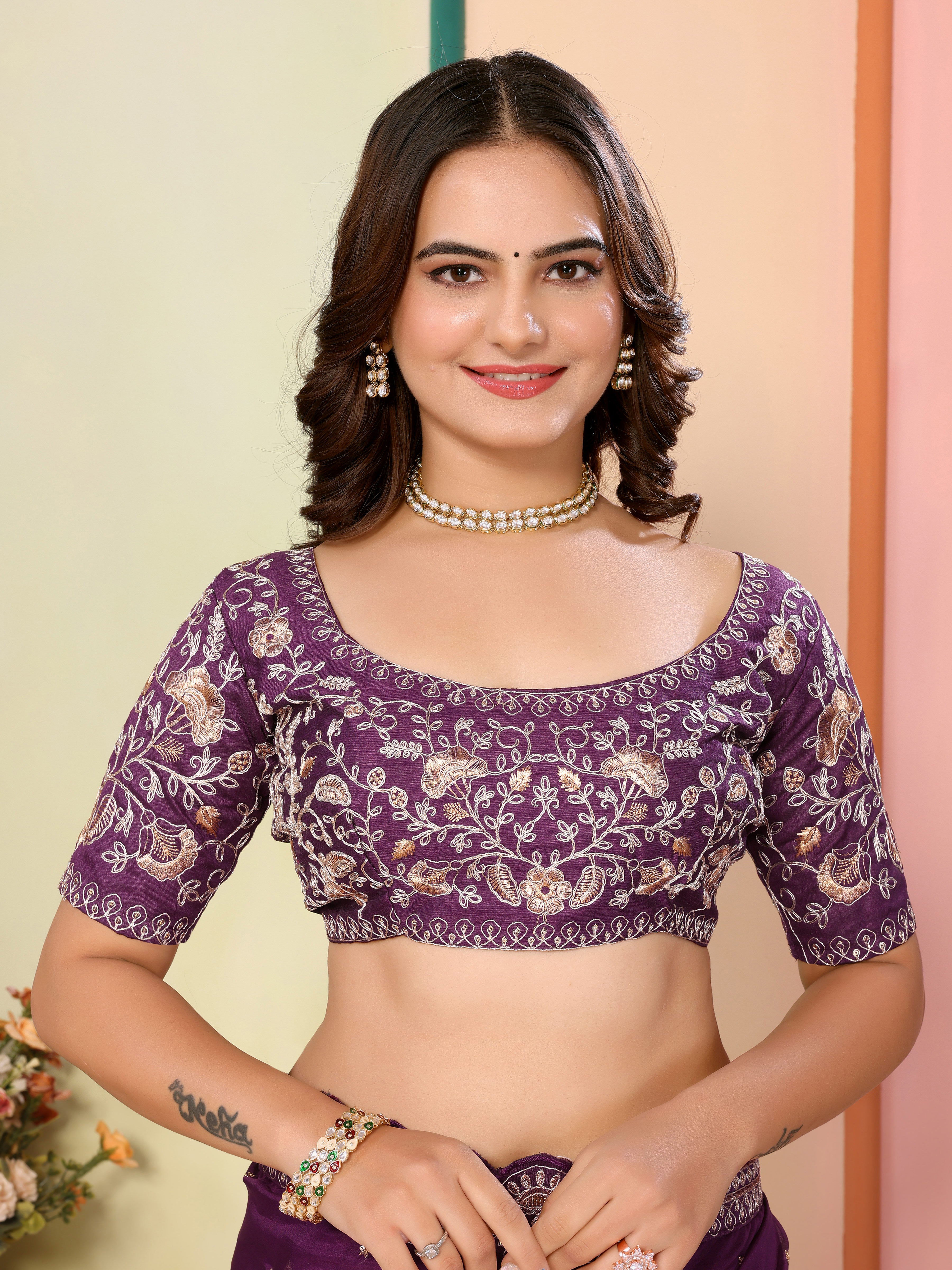 Wine Organza Festival Saree | Designer Embroidery Art Silk Couture