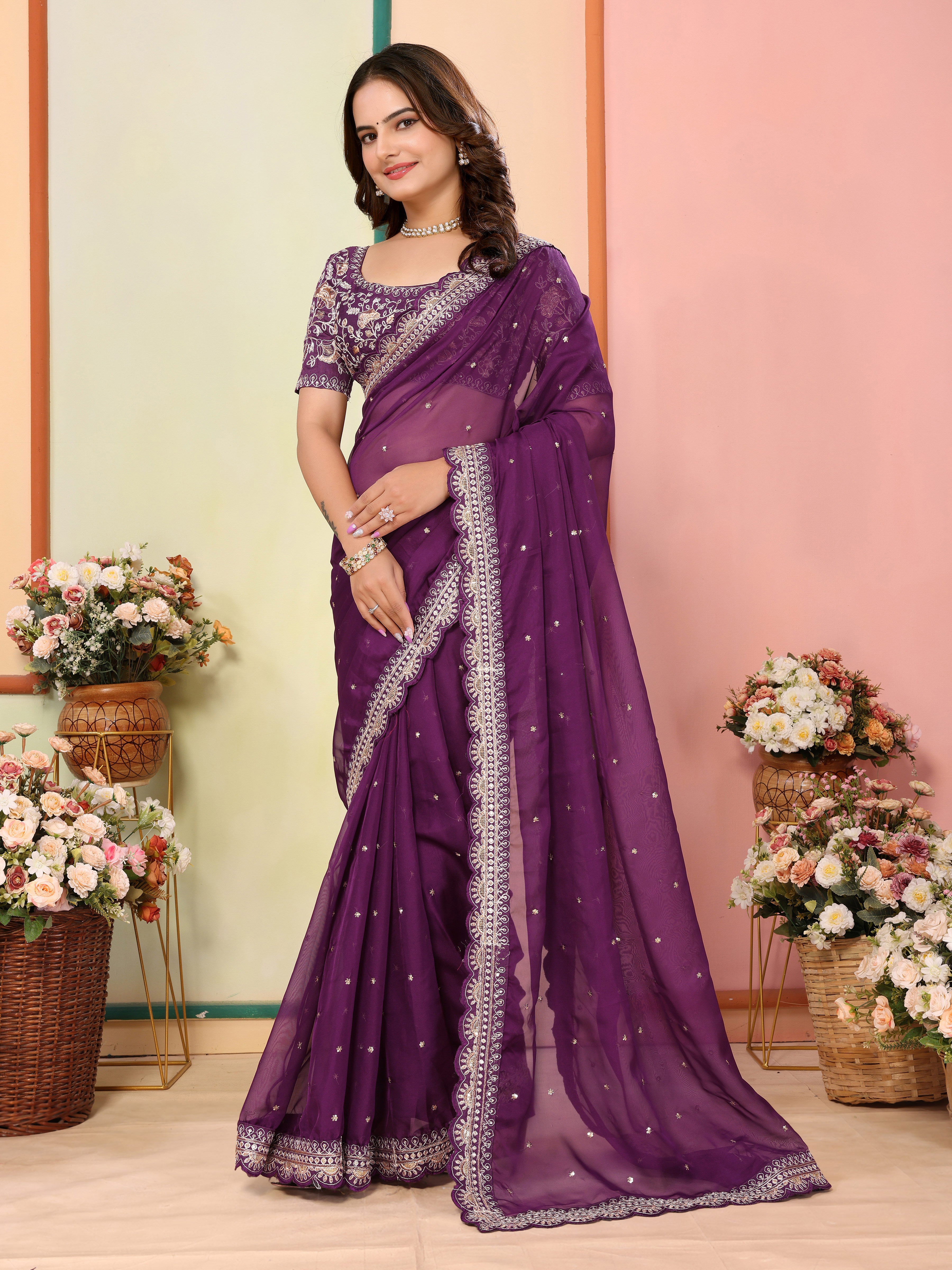 Wine Organza Festival Saree | Designer Embroidery Art Silk Couture