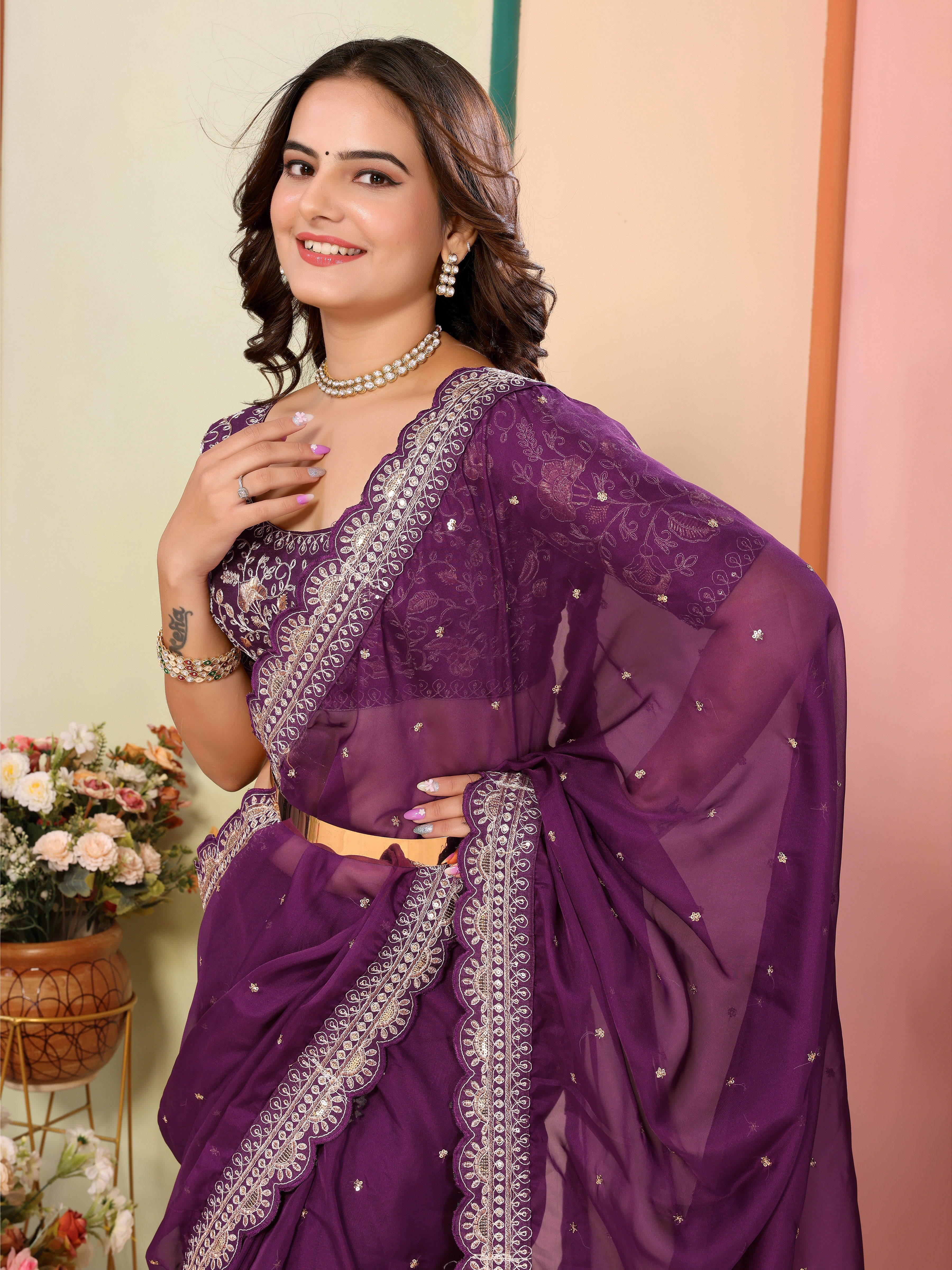 Wine Organza Festival Saree | Designer Embroidery Art Silk Couture