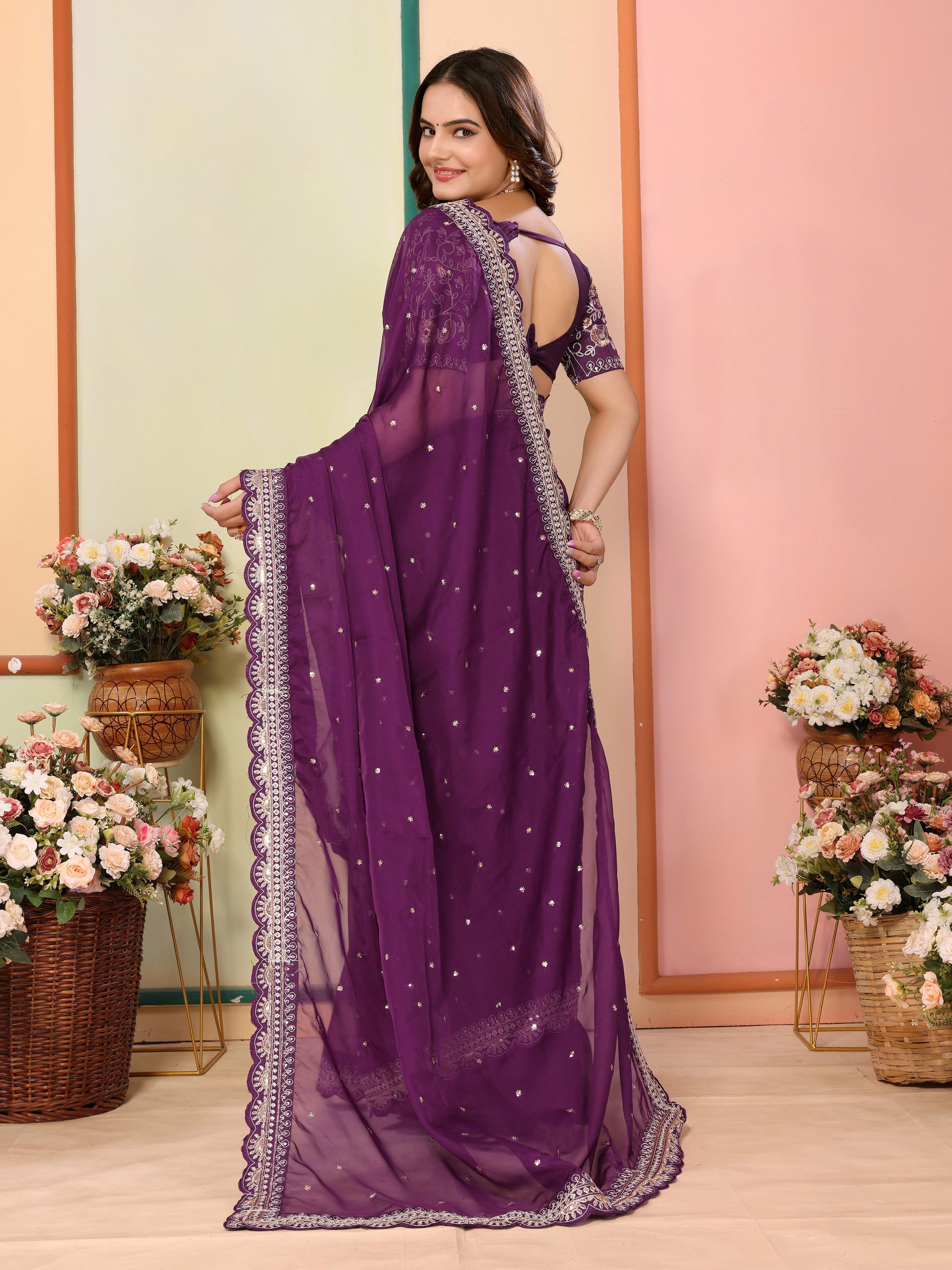 Wine Organza Festival Saree | Designer Embroidery Art Silk Couture