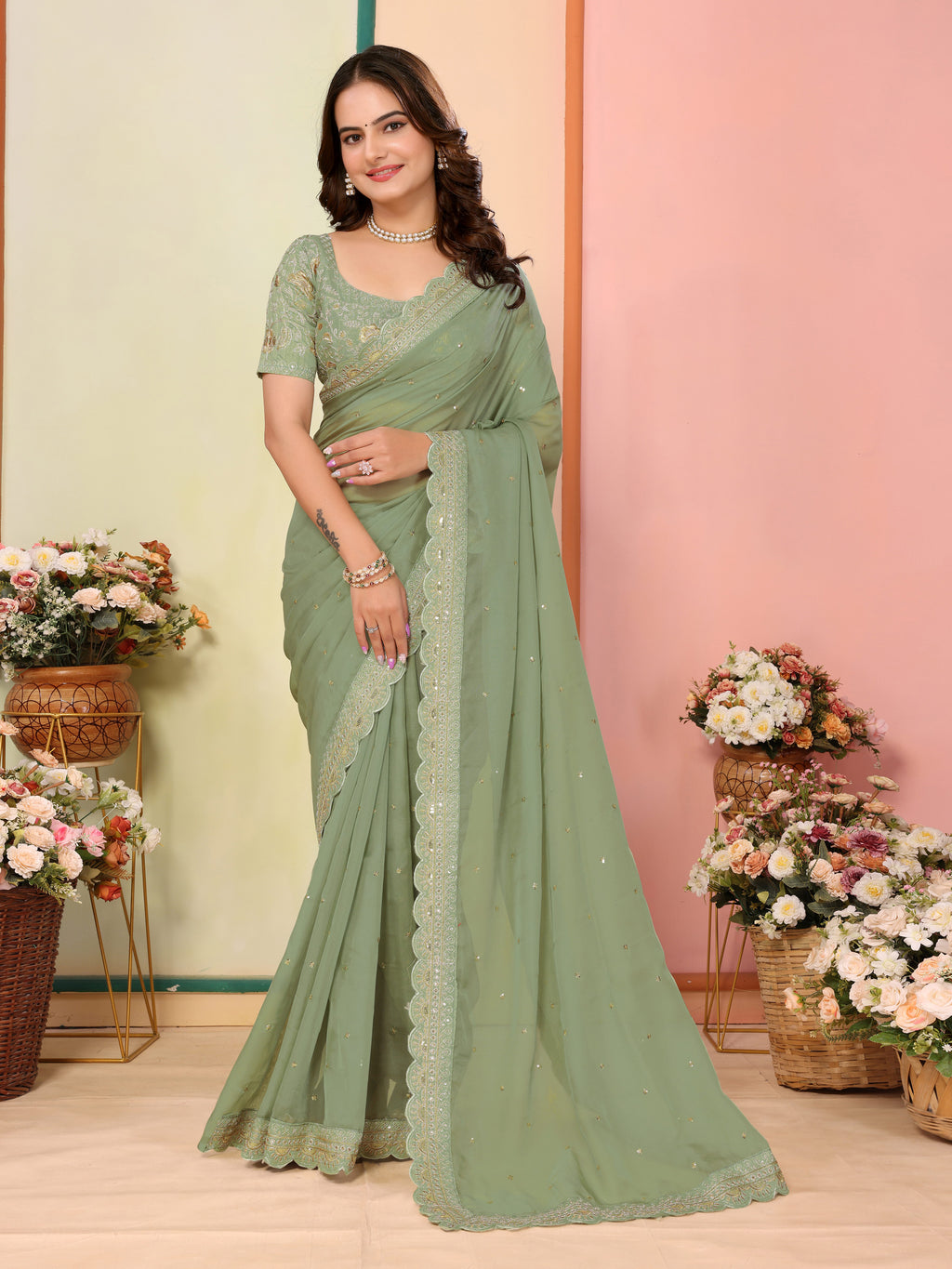 Pista Organza Festival Saree | Designer Embroidery Art Silk Couture