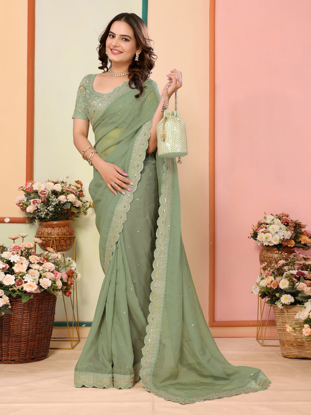 Pista Organza Festival Saree | Designer Embroidery Art Silk Couture