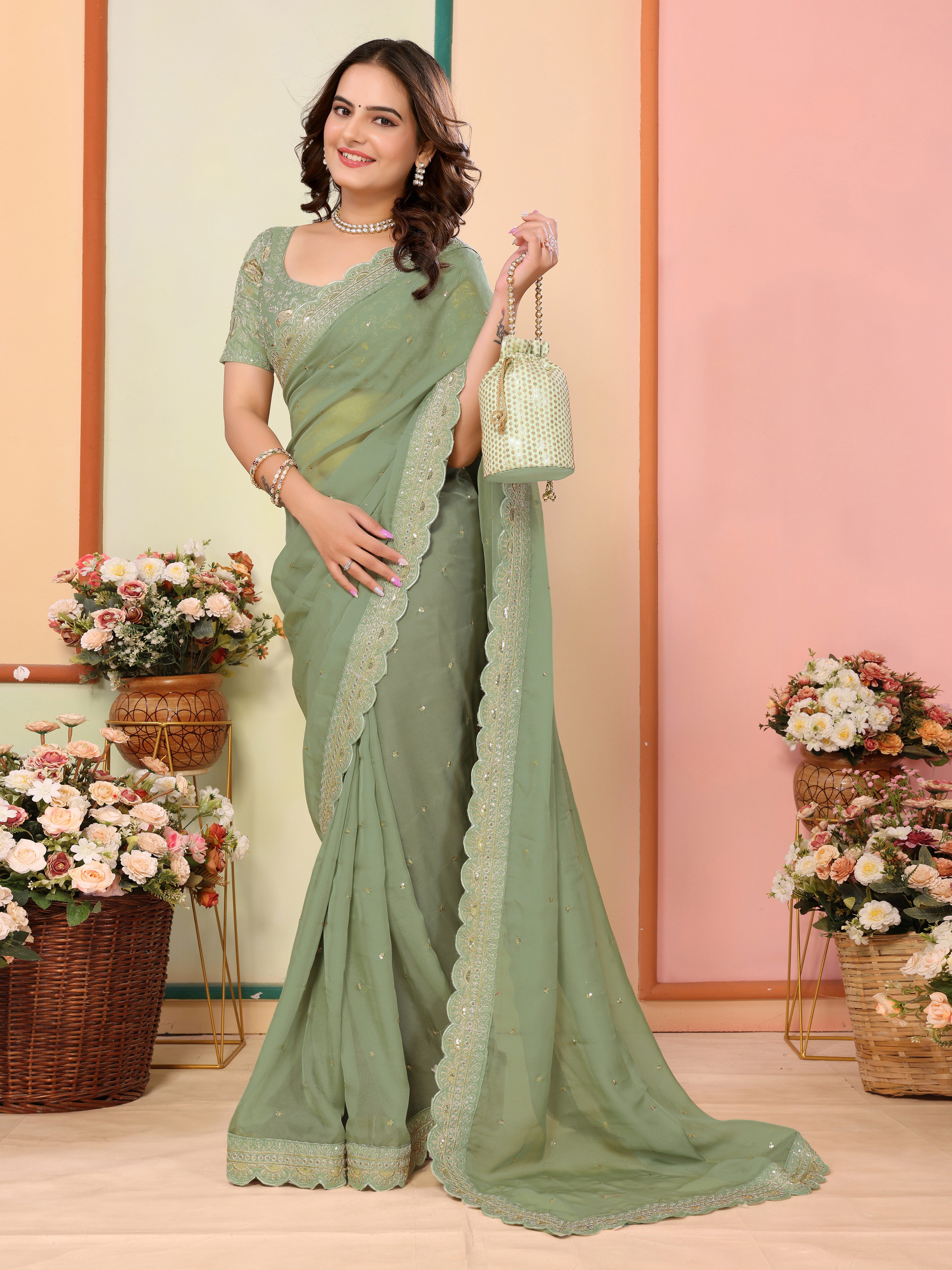 Pista Organza Festival Saree | Designer Embroidery Art Silk Couture