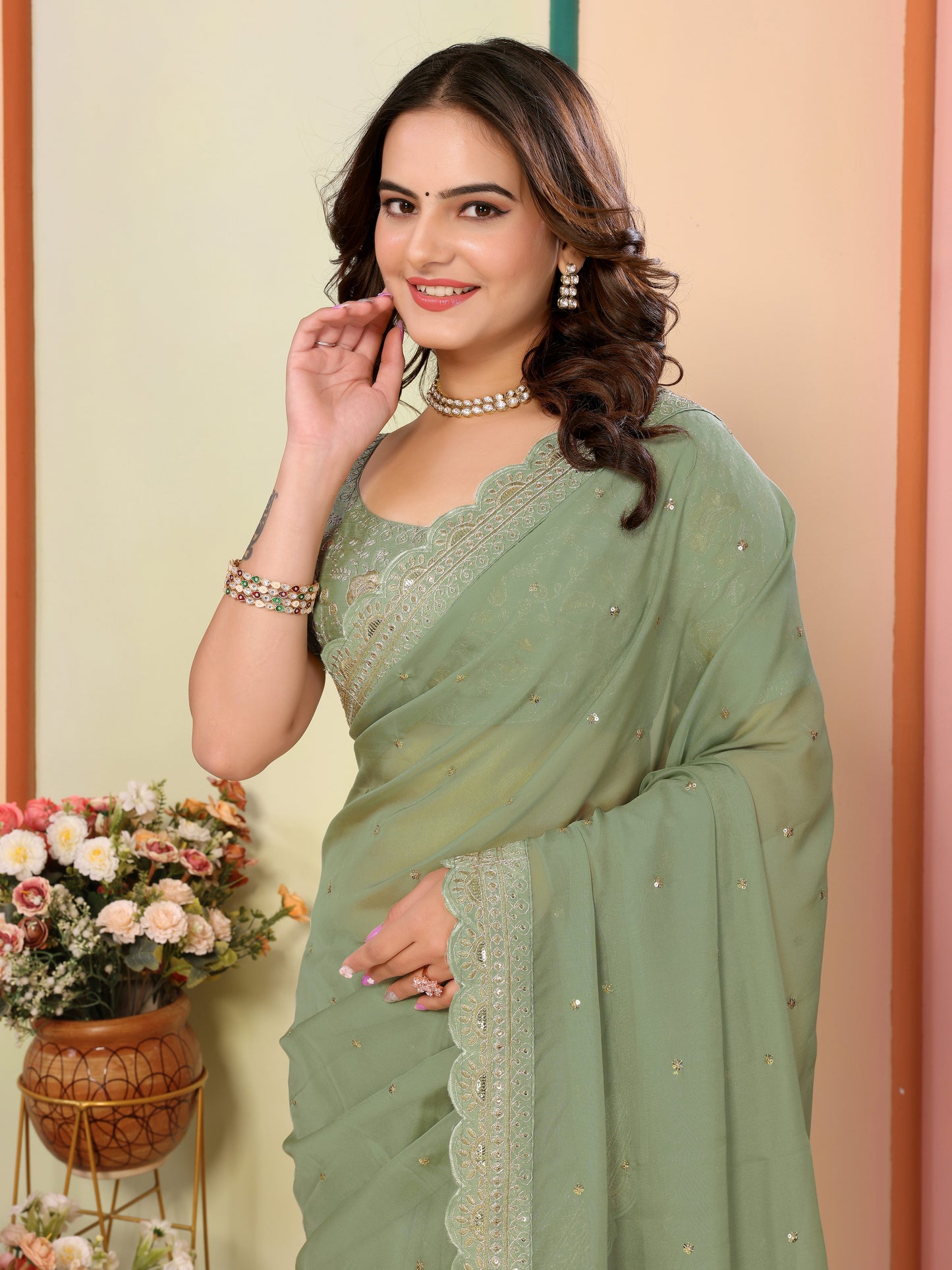 Pista Organza Festival Saree | Designer Embroidery Art Silk Couture