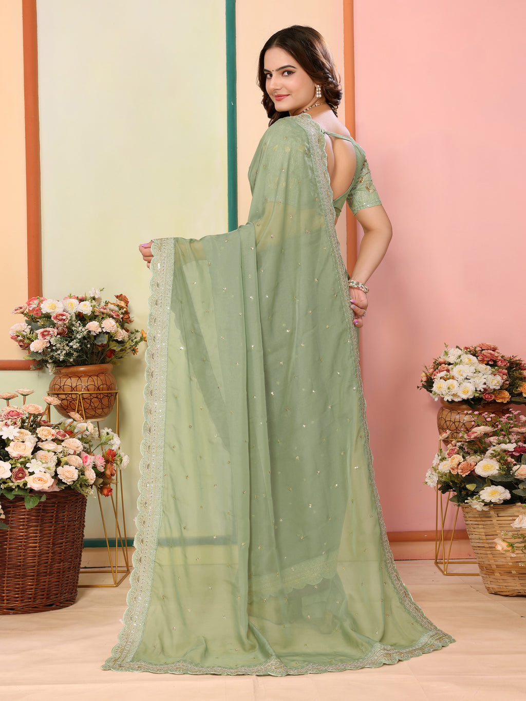 Pista Organza Festival Saree | Designer Embroidery Art Silk Couture