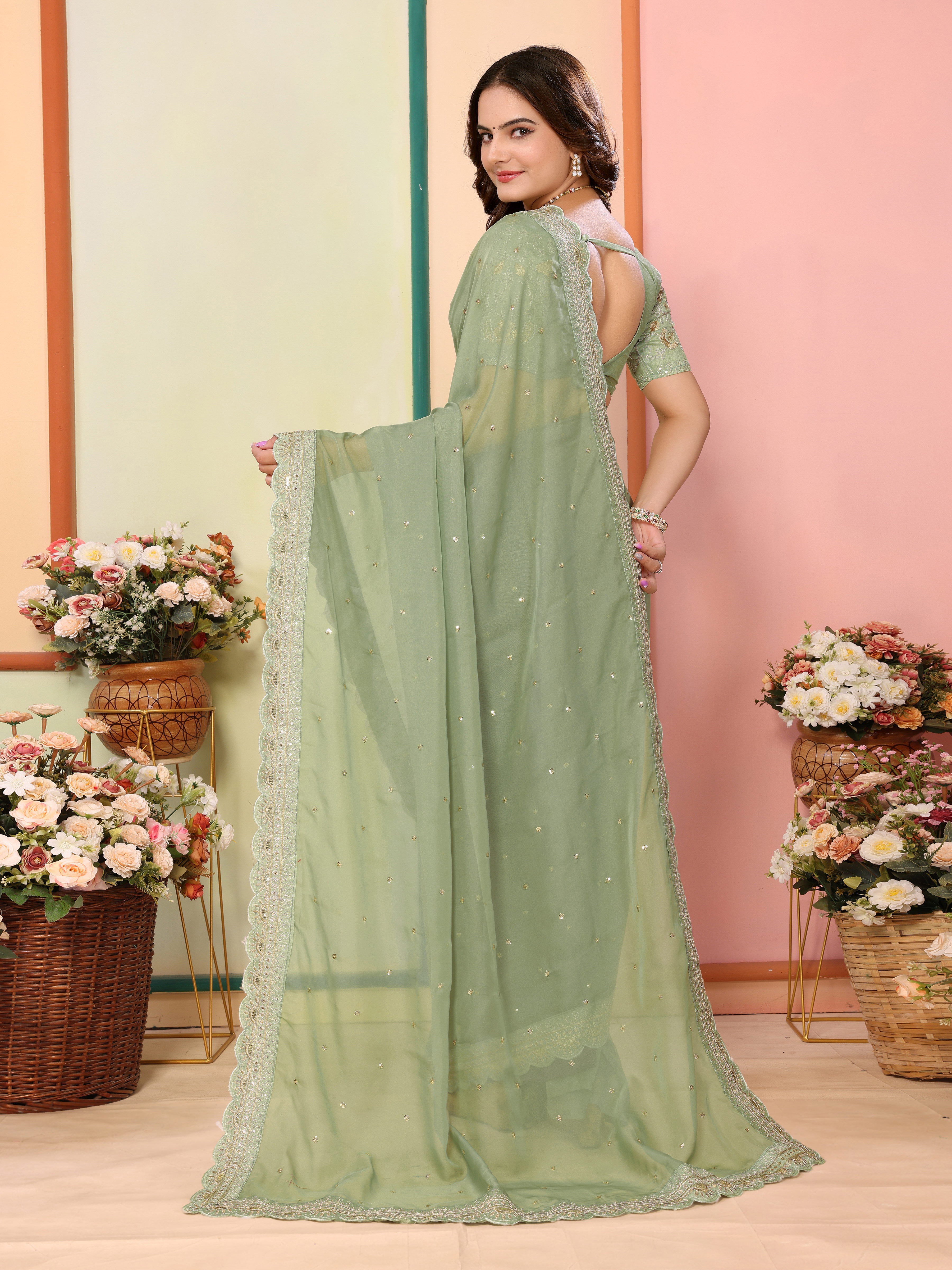 Pista Organza Festival Saree | Designer Embroidery Art Silk Couture