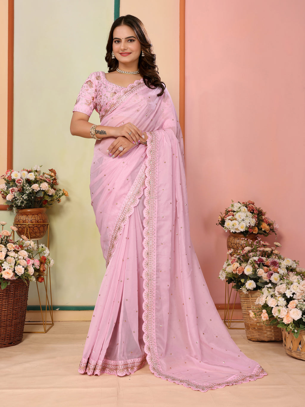 Pink Organza Festival Saree | Designer Embroidery Art Silk Couture