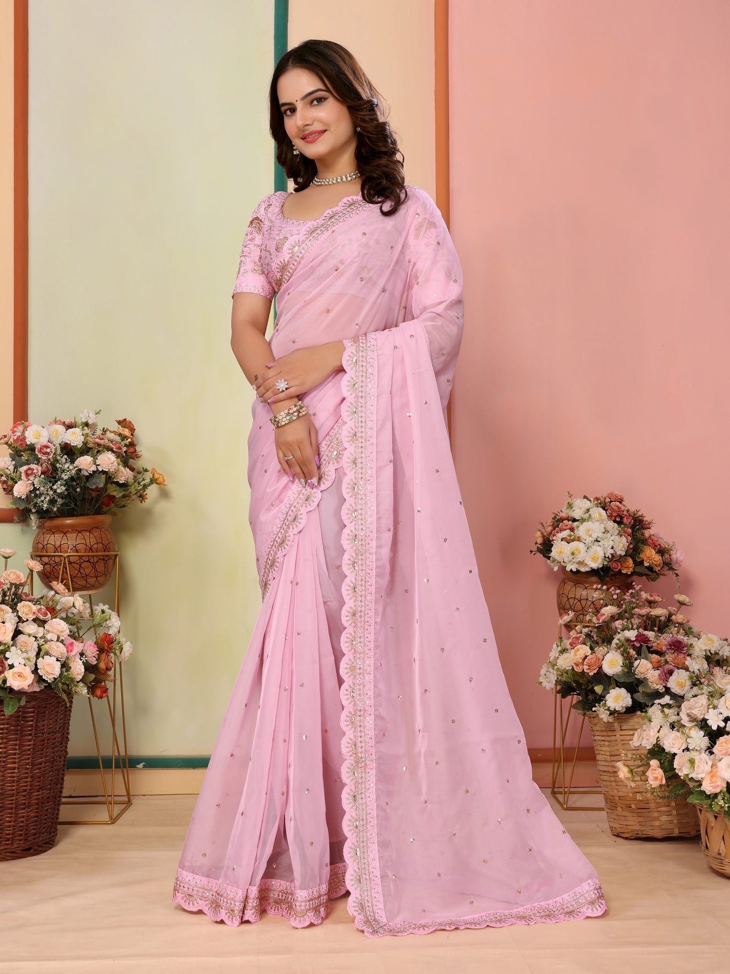 Pink Organza Festival Saree | Designer Embroidery Art Silk Couture