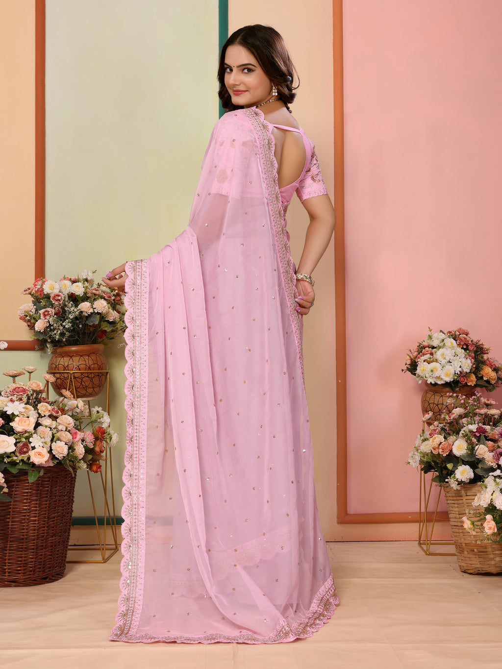 Pink Organza Festival Saree | Designer Embroidery Art Silk Couture