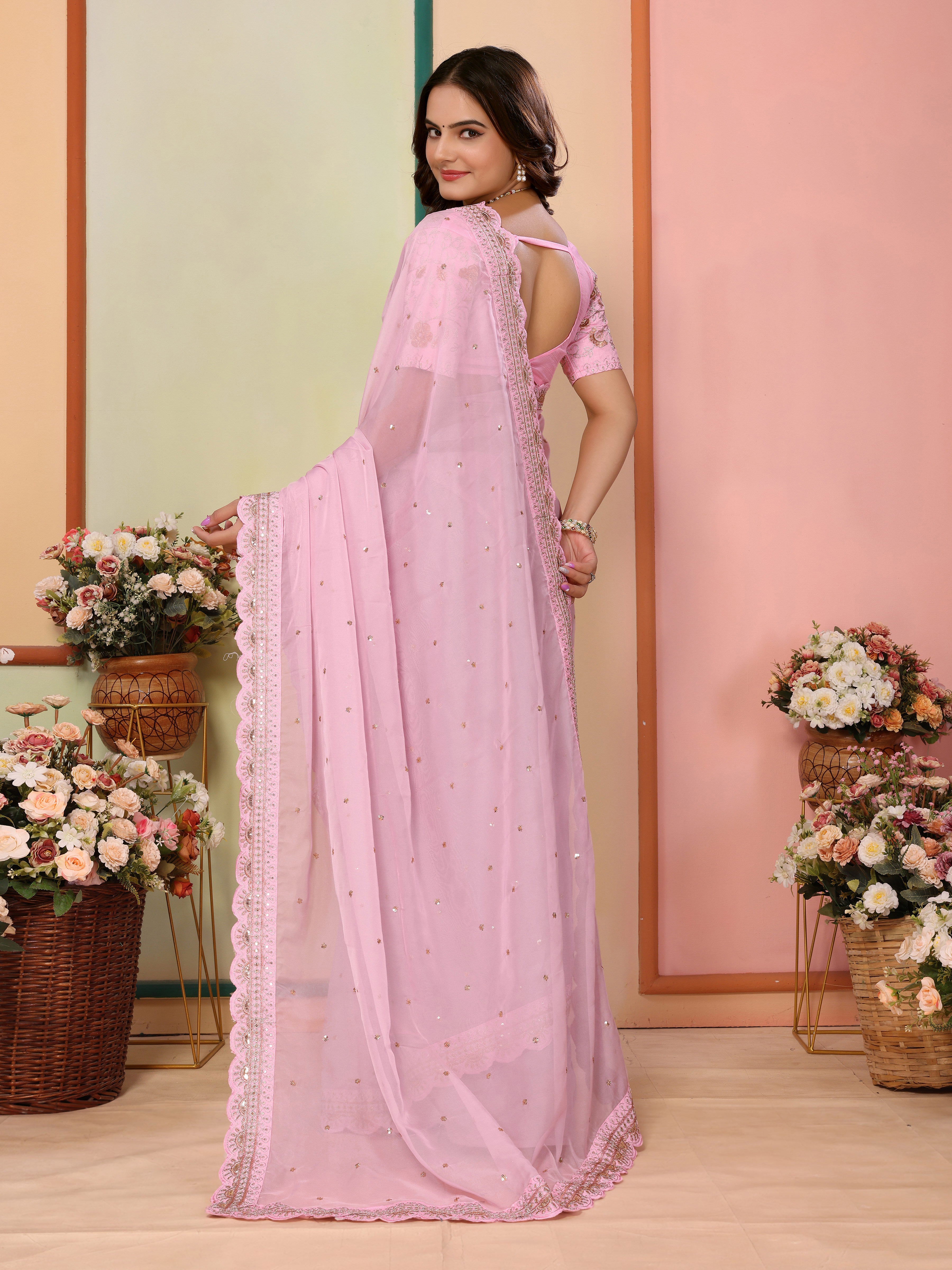 Pink Organza Festival Saree | Designer Embroidery Art Silk Couture