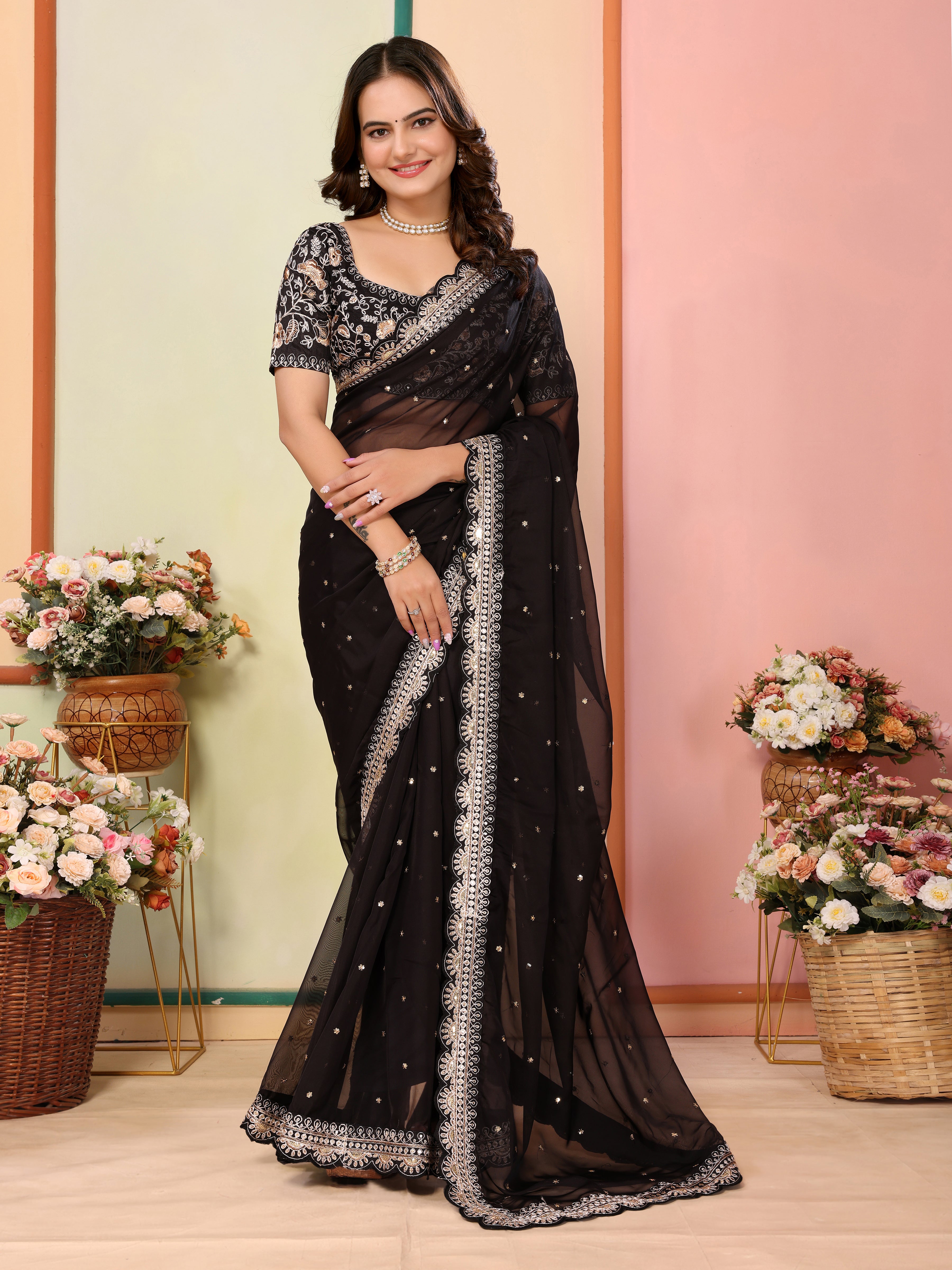 Black Organza Festival Saree | Designer Embroidery Art Silk Couture