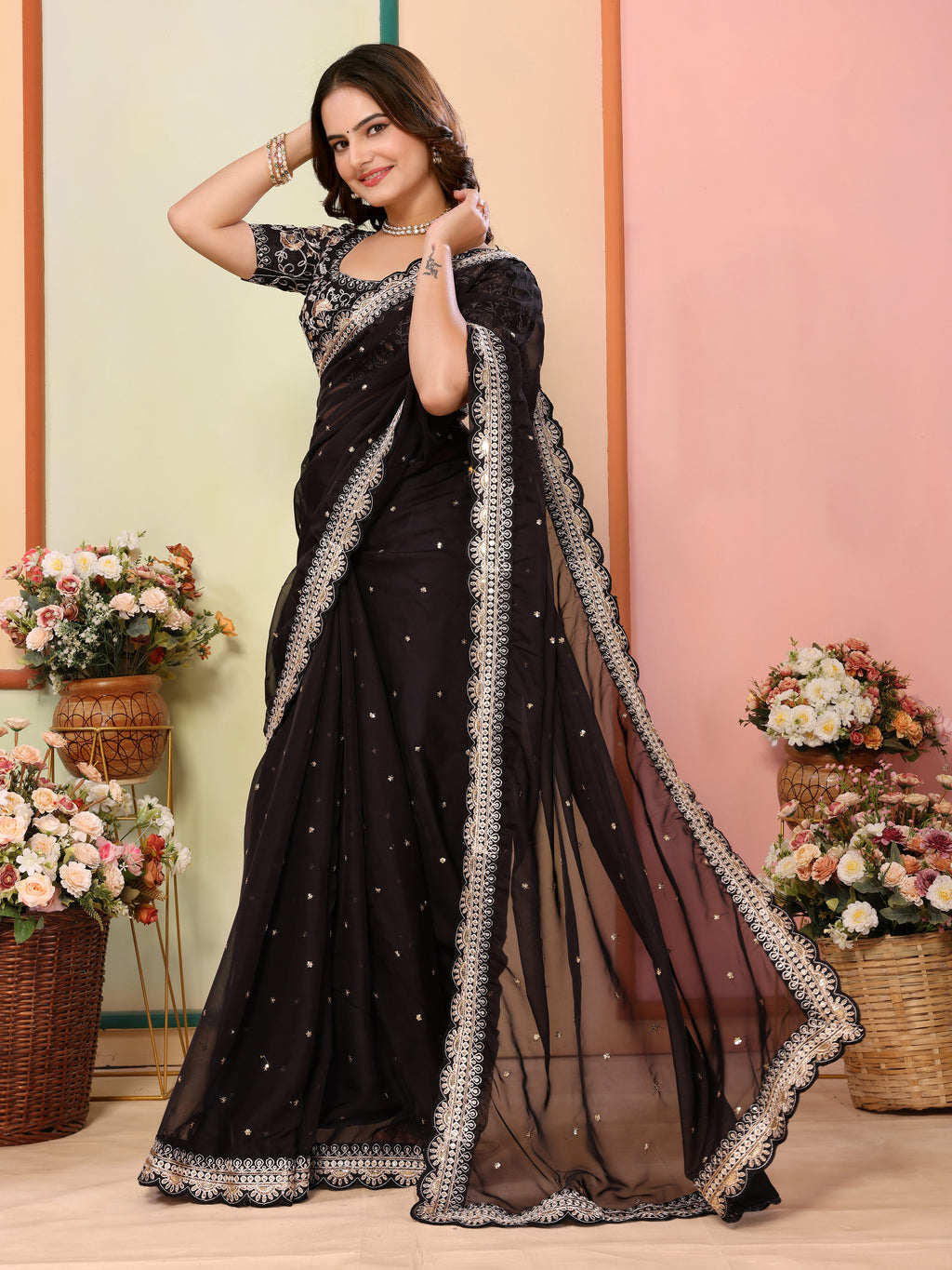 Black Organza Festival Saree | Designer Embroidery Art Silk Couture