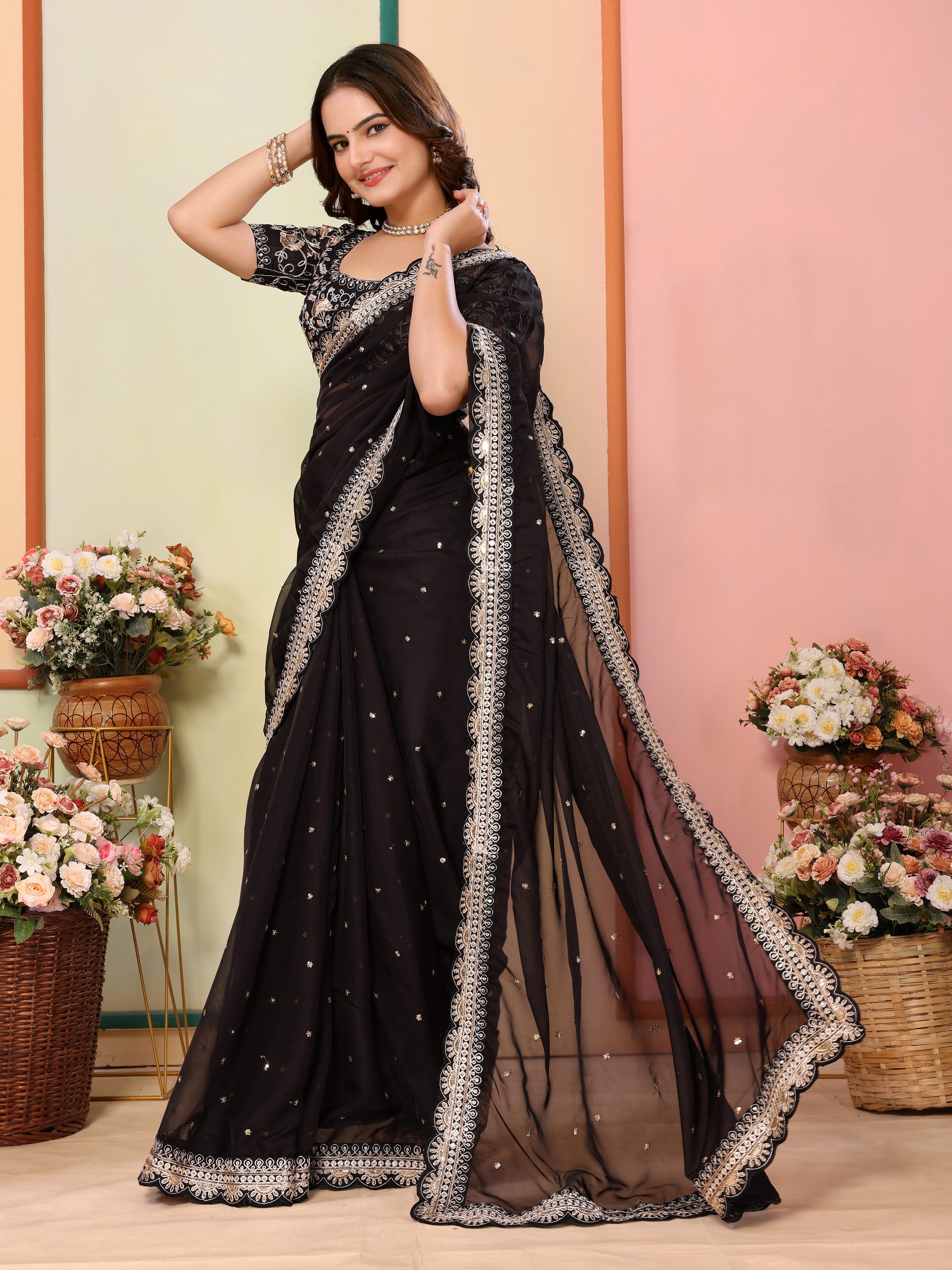 Black Organza Festival Saree | Designer Embroidery Art Silk Couture