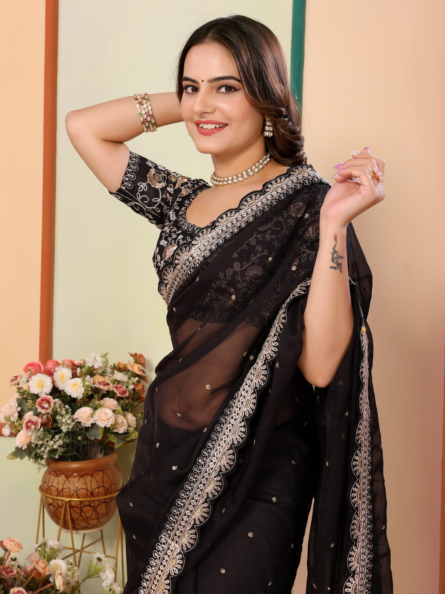 Black Organza Festival Saree | Designer Embroidery Art Silk Couture