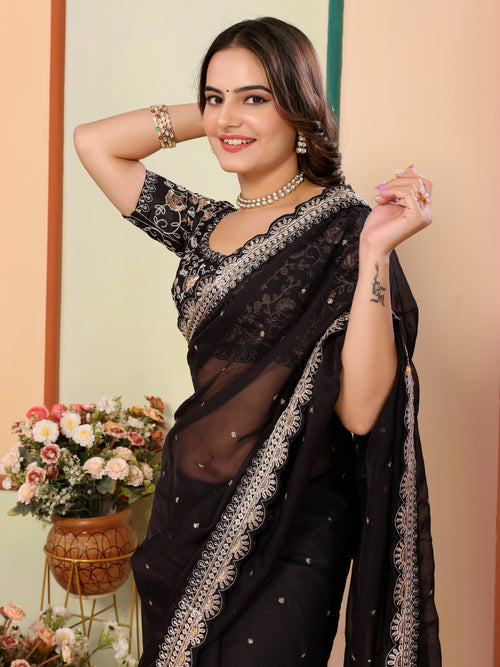Black Organza Festival Saree | Designer Embroidery Art Silk Couture