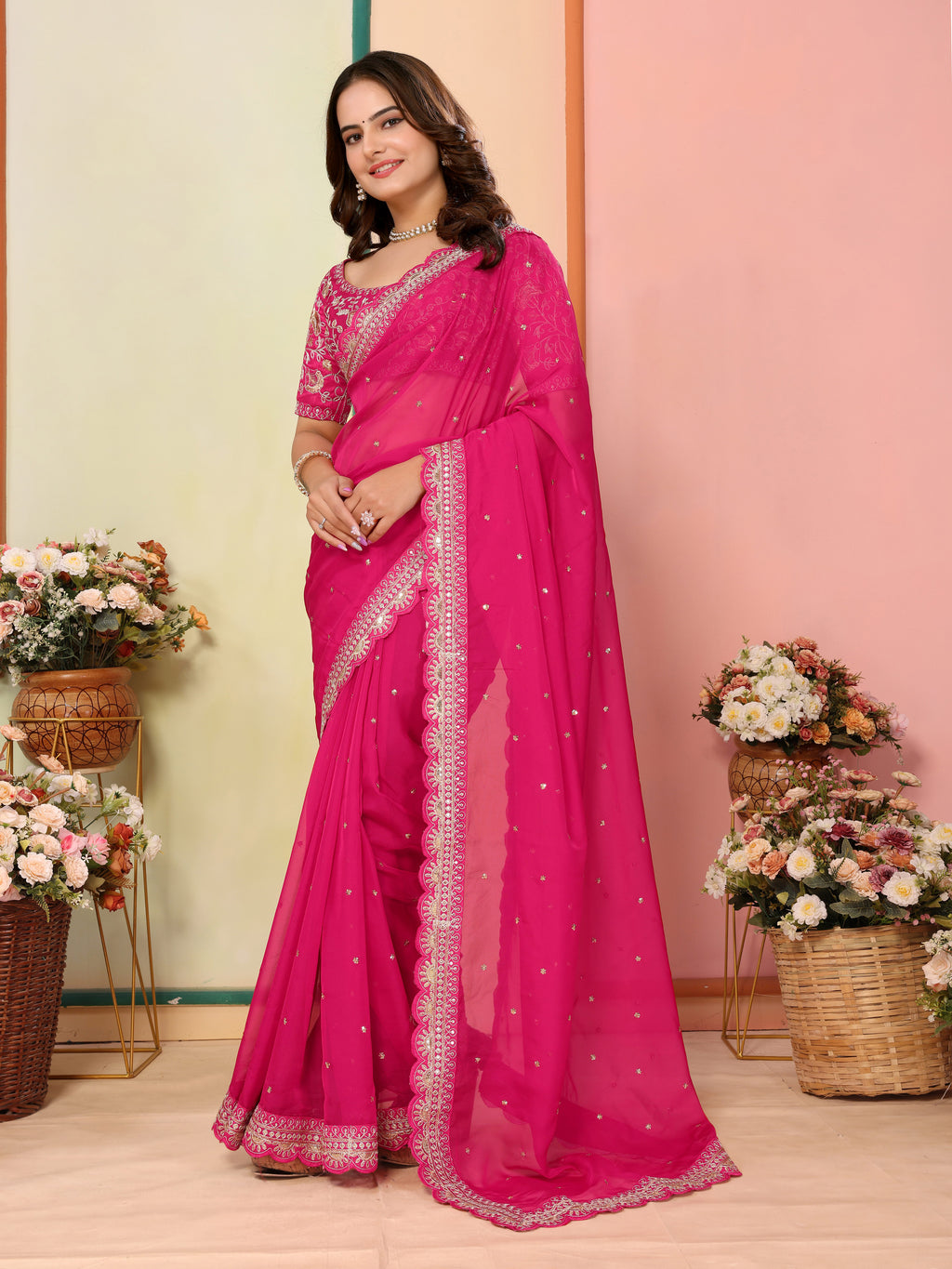 Pink Organza Festival Saree | Designer Embroidery Art Silk Couture