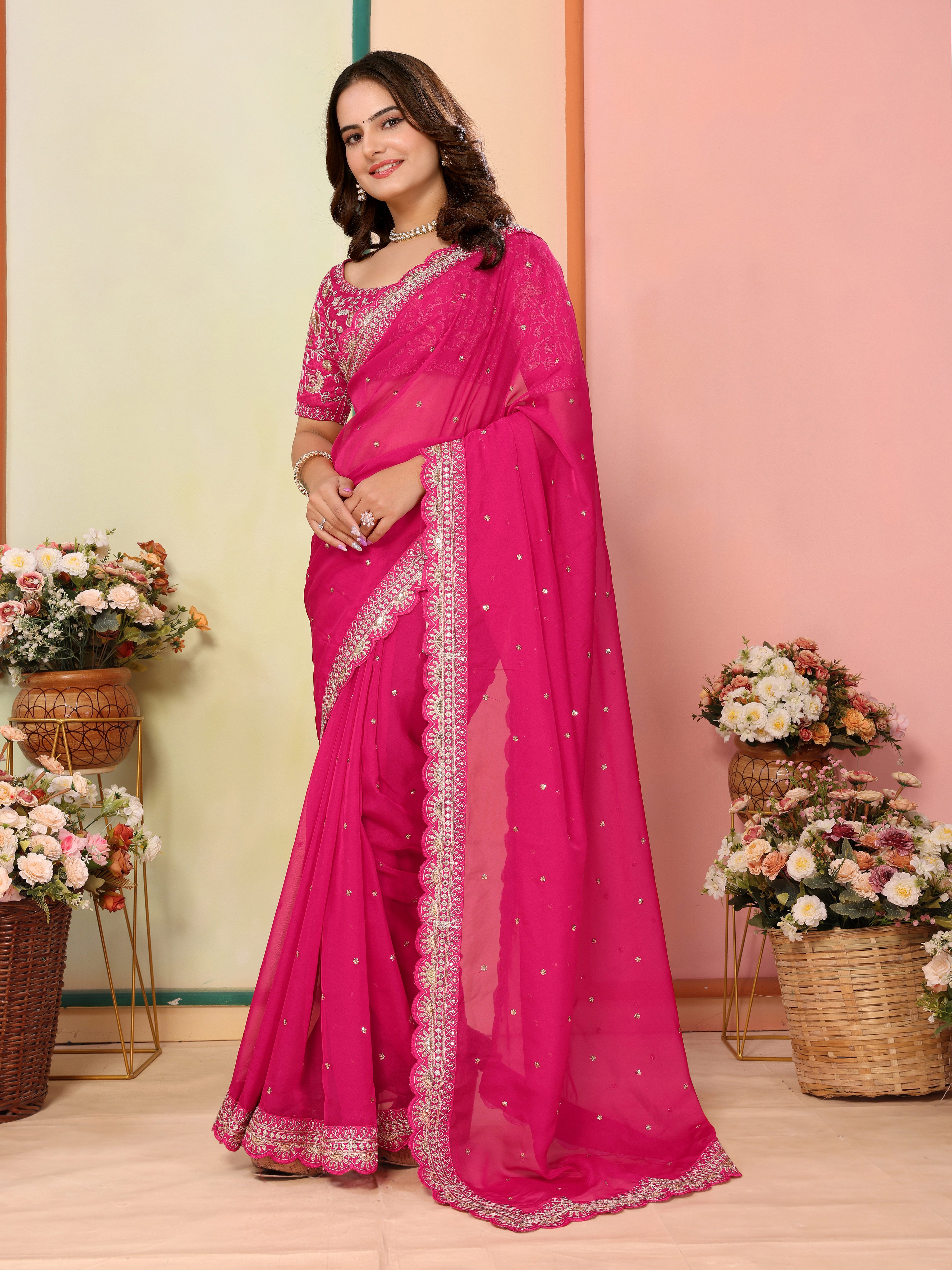 Pink Organza Festival Saree | Designer Embroidery Art Silk Couture