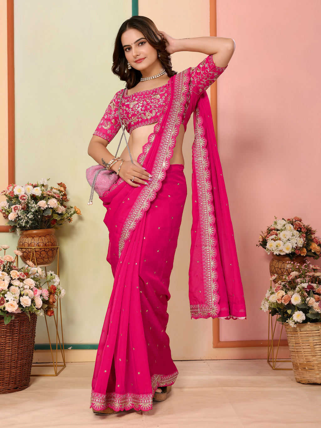 Pink Organza Festival Saree | Designer Embroidery Art Silk Couture