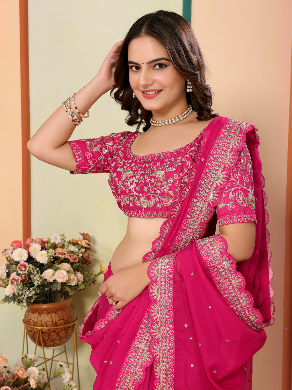 Pink Organza Festival Saree | Designer Embroidery Art Silk Couture