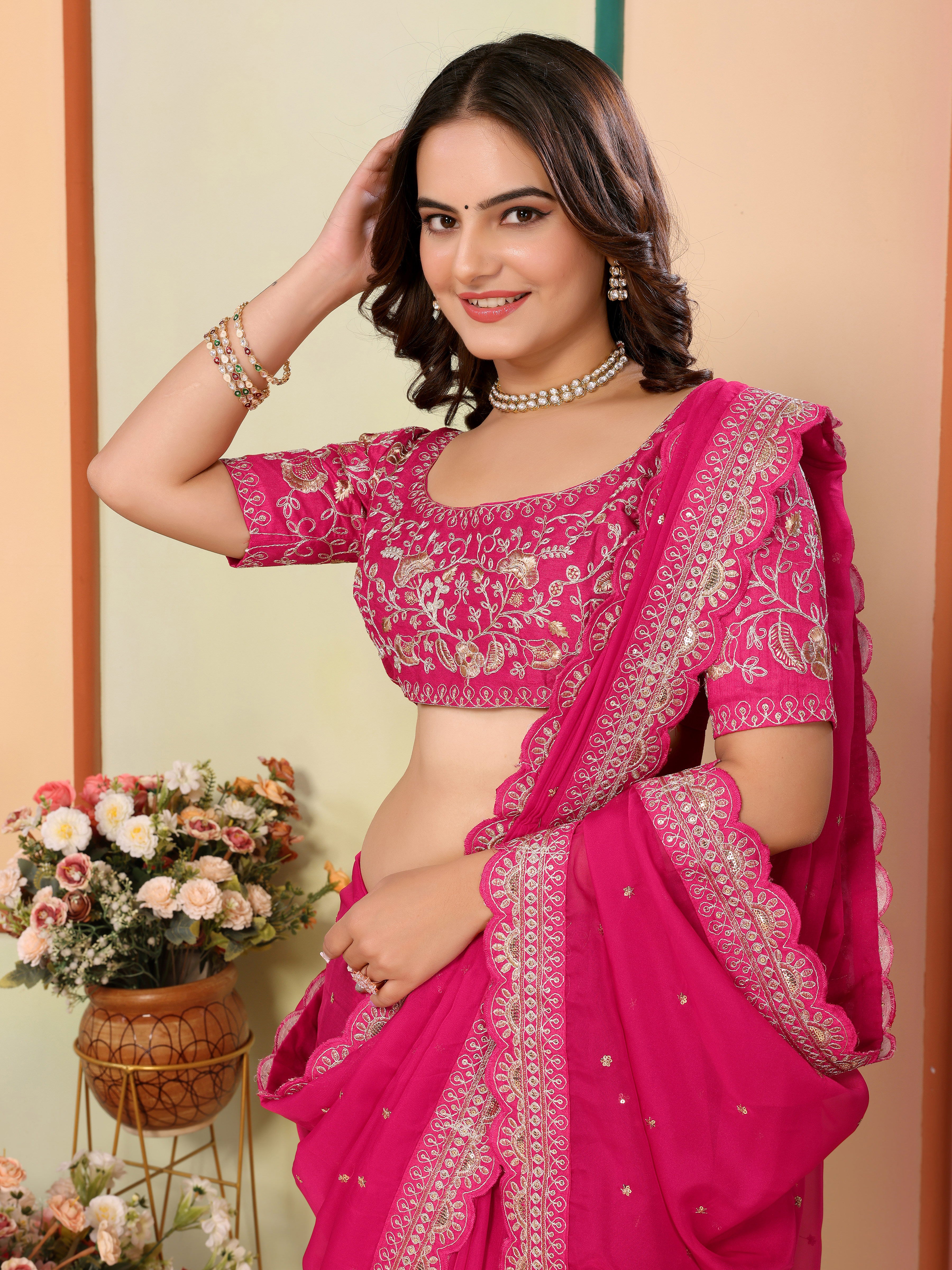 Pink Organza Festival Saree | Designer Embroidery Art Silk Couture