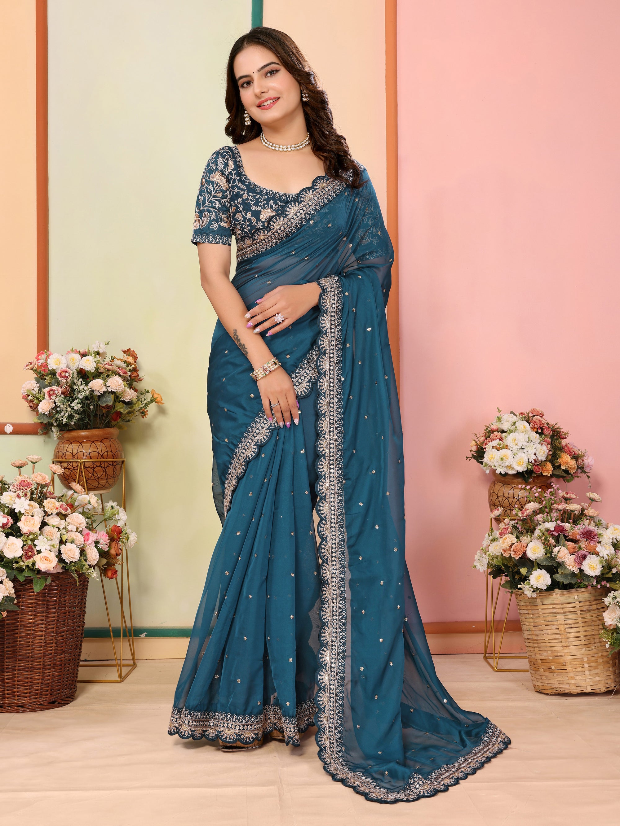 Teal Blue Organza Festival Saree | Designer Embroidery Art Silk Couture