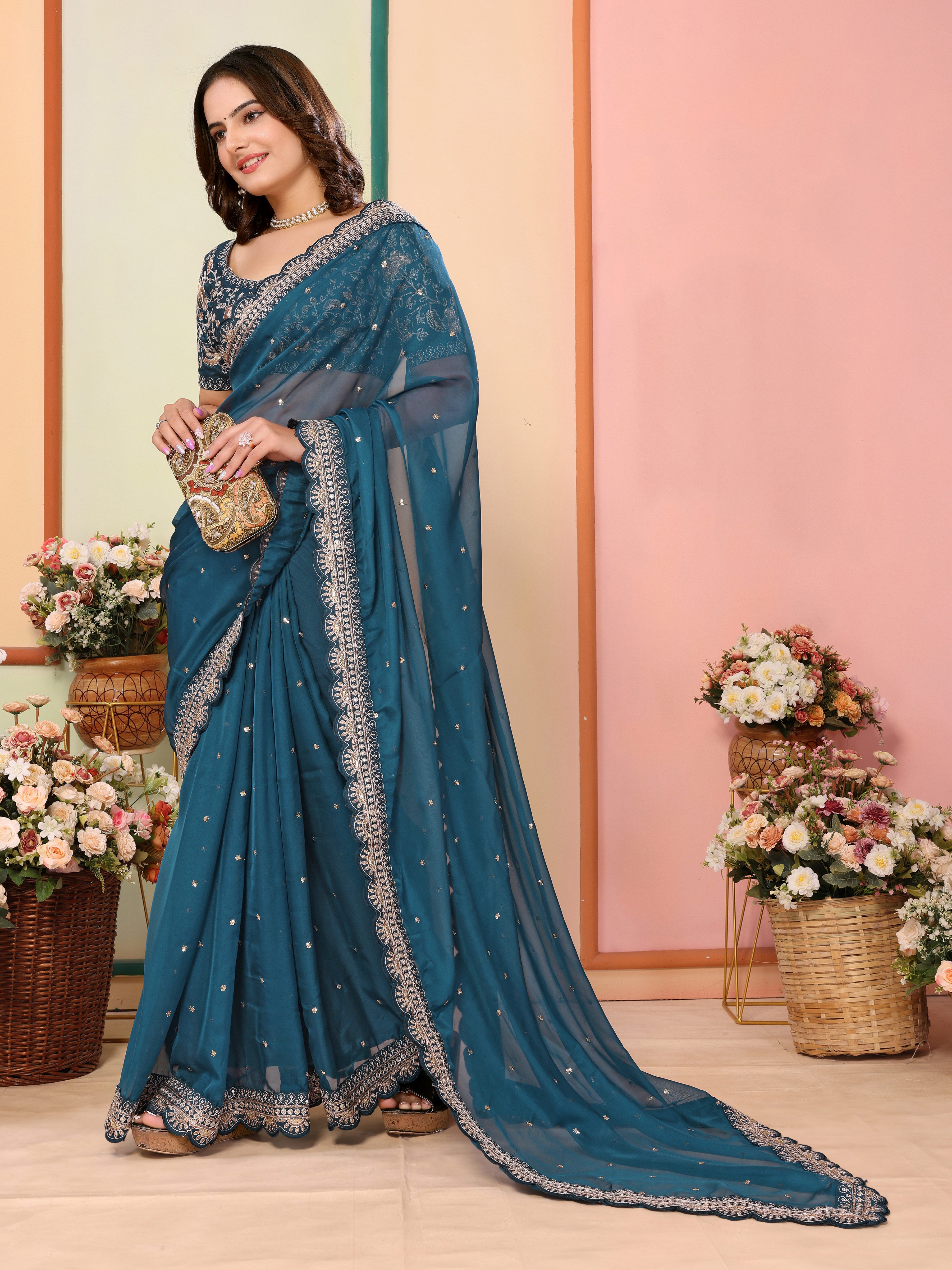 Teal Blue Organza Festival Saree | Designer Embroidery Art Silk Couture