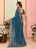 Teal Blue Organza Festival Saree | Designer Embroidery Art Silk Couture