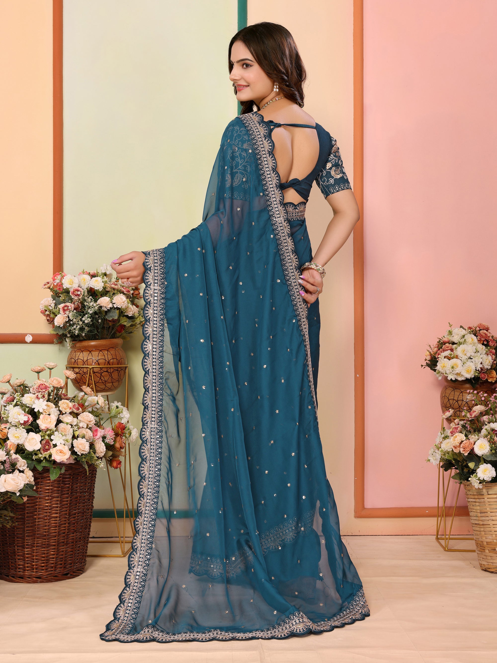 Teal Blue Organza Festival Saree | Designer Embroidery Art Silk Couture