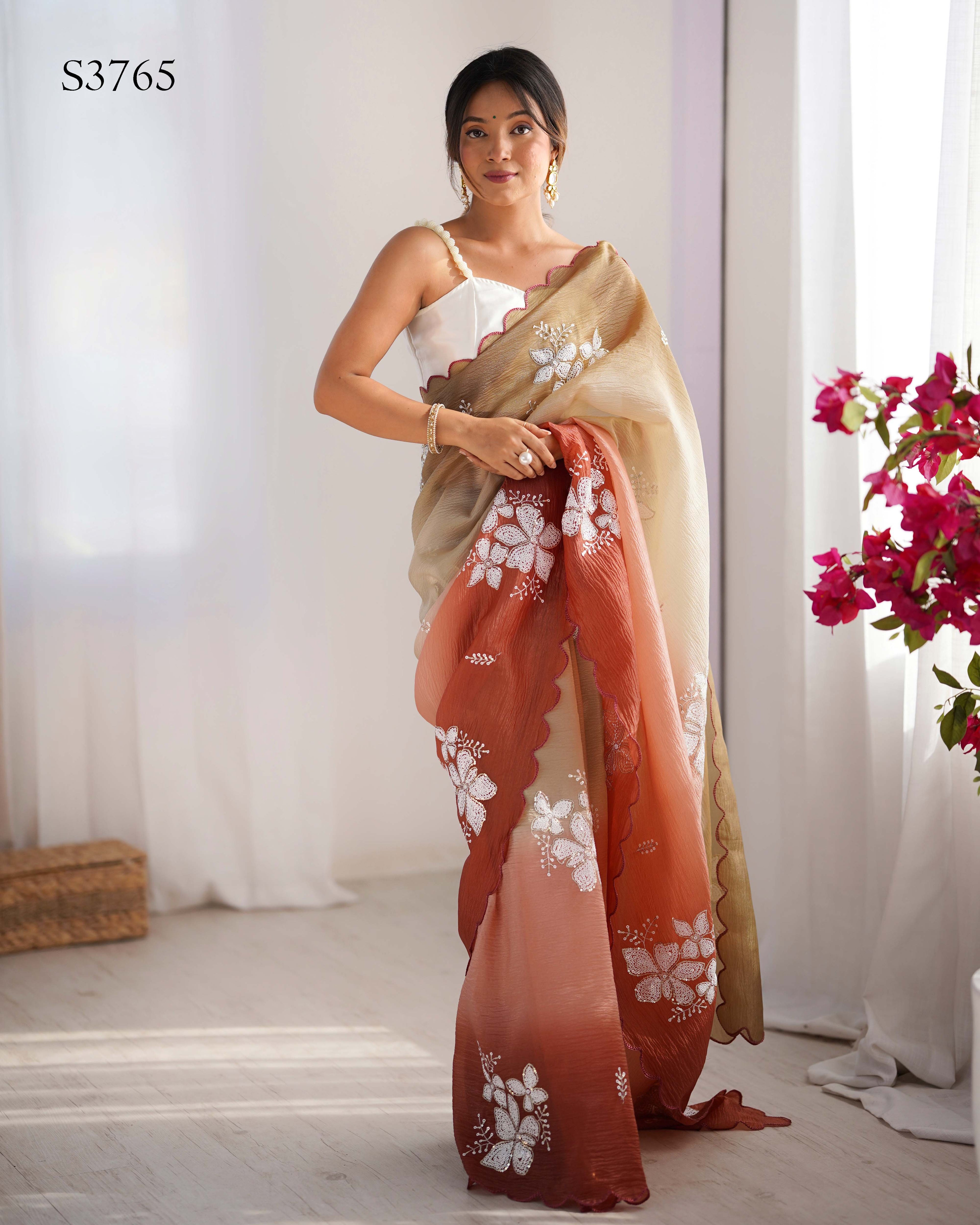 Choco-Orange Dual Tone Party Wear Saree | Crunchy Crush with Satin Silk Blouse & Embroidery Work