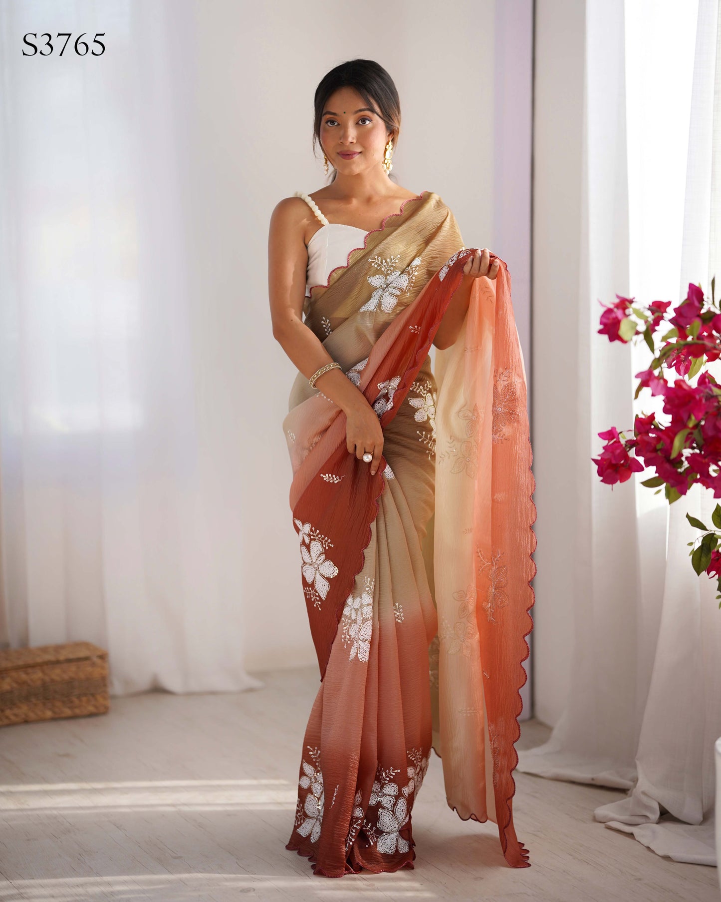Choco-Orange Dual Tone Party Wear Saree | Crunchy Crush with Satin Silk Blouse & Embroidery Work