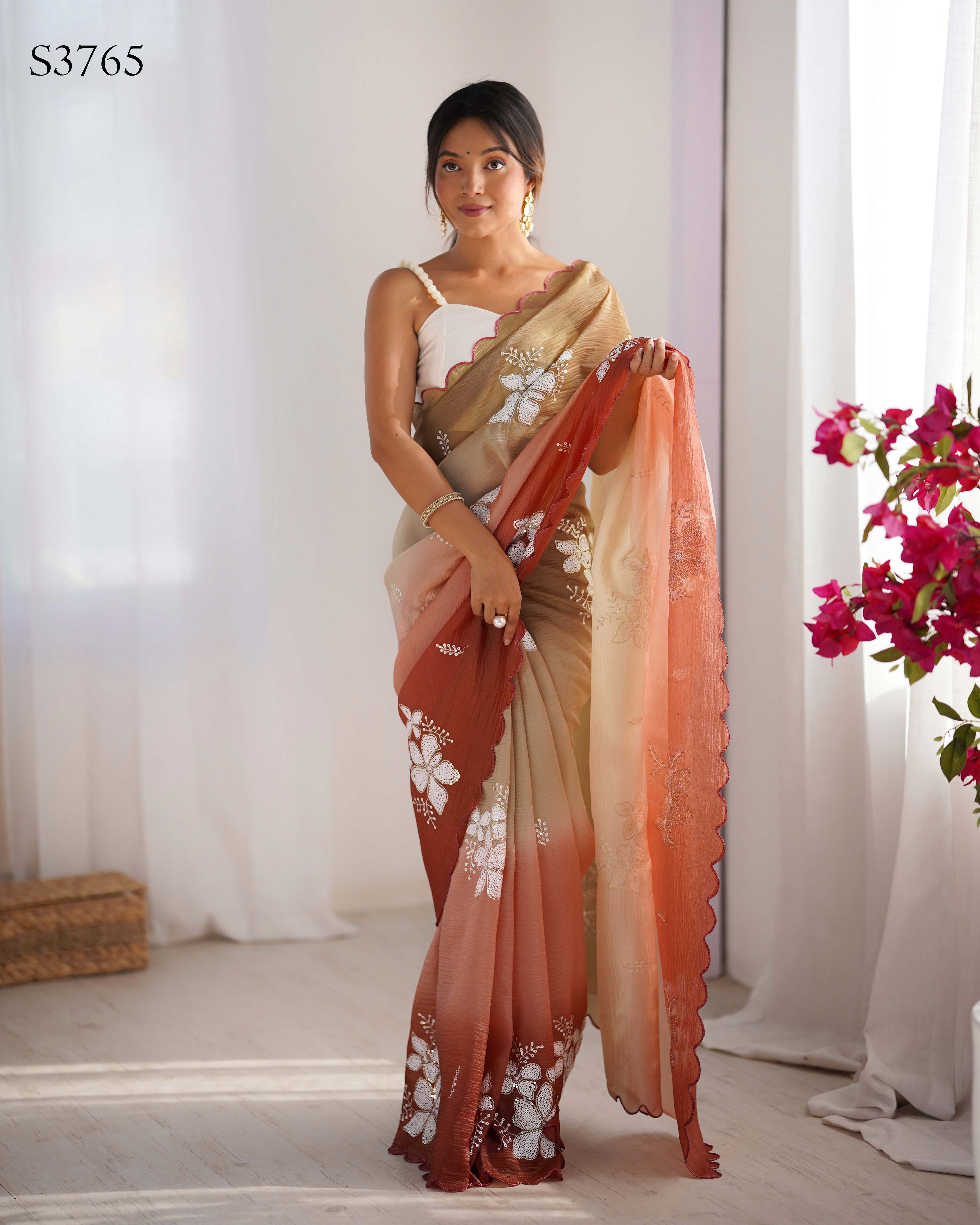 Choco-Orange Dual Tone Party Wear Saree | Crunchy Crush with Satin Silk Blouse & Embroidery Work
