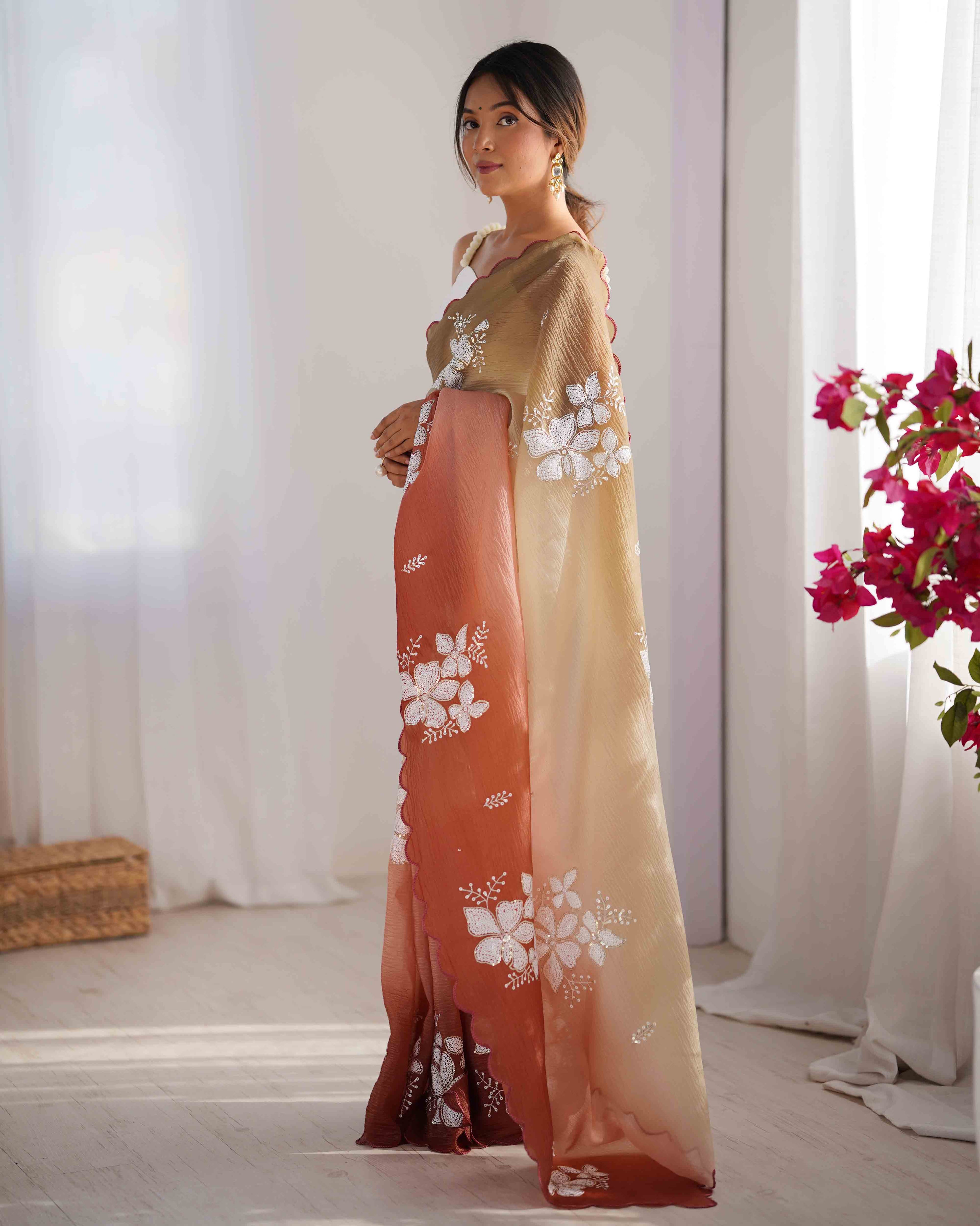 Choco-Orange Dual Tone Party Wear Saree | Crunchy Crush with Satin Silk Blouse & Embroidery Work