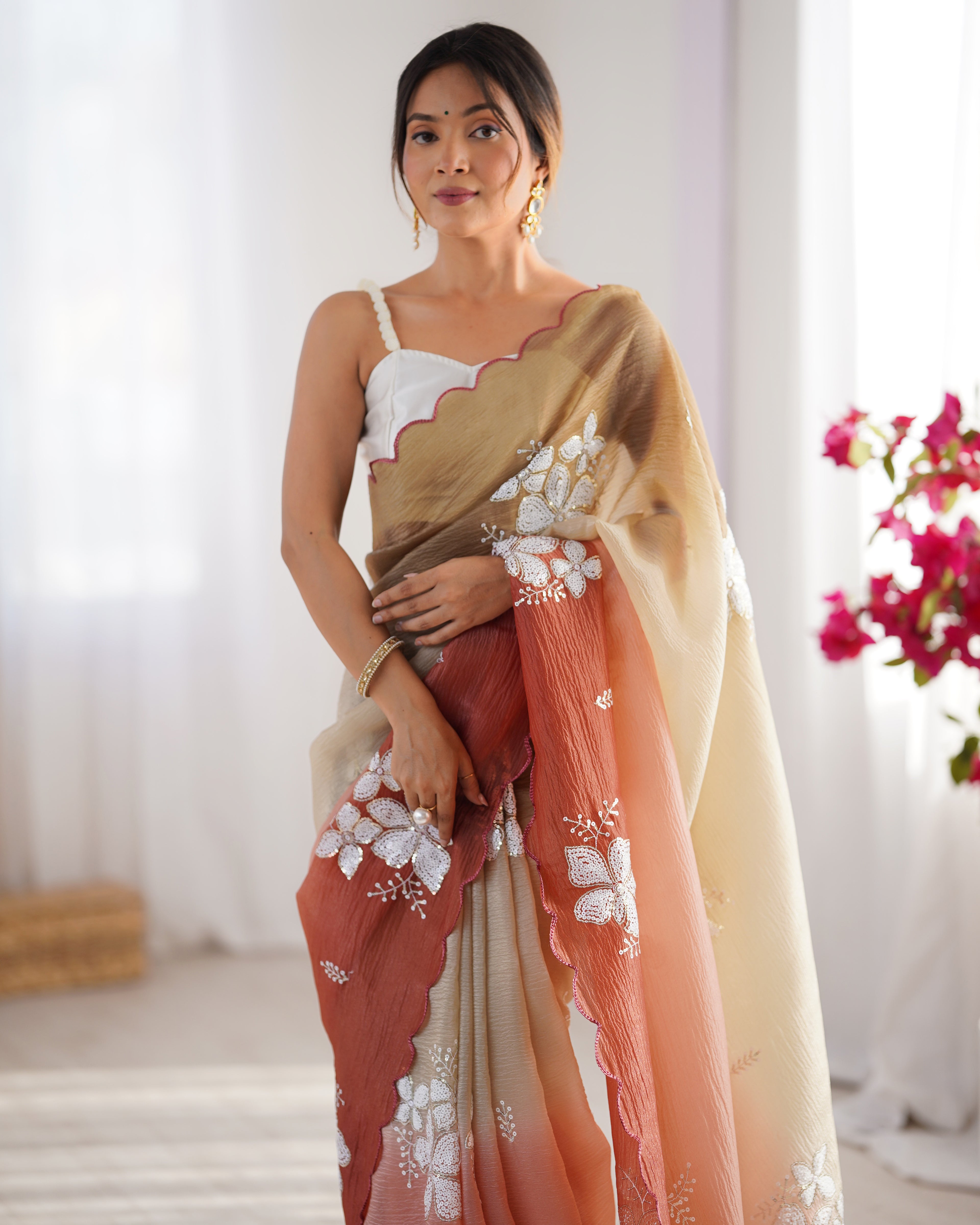 Choco-Orange Dual Tone Party Wear Saree | Crunchy Crush with Satin Silk Blouse & Embroidery Work