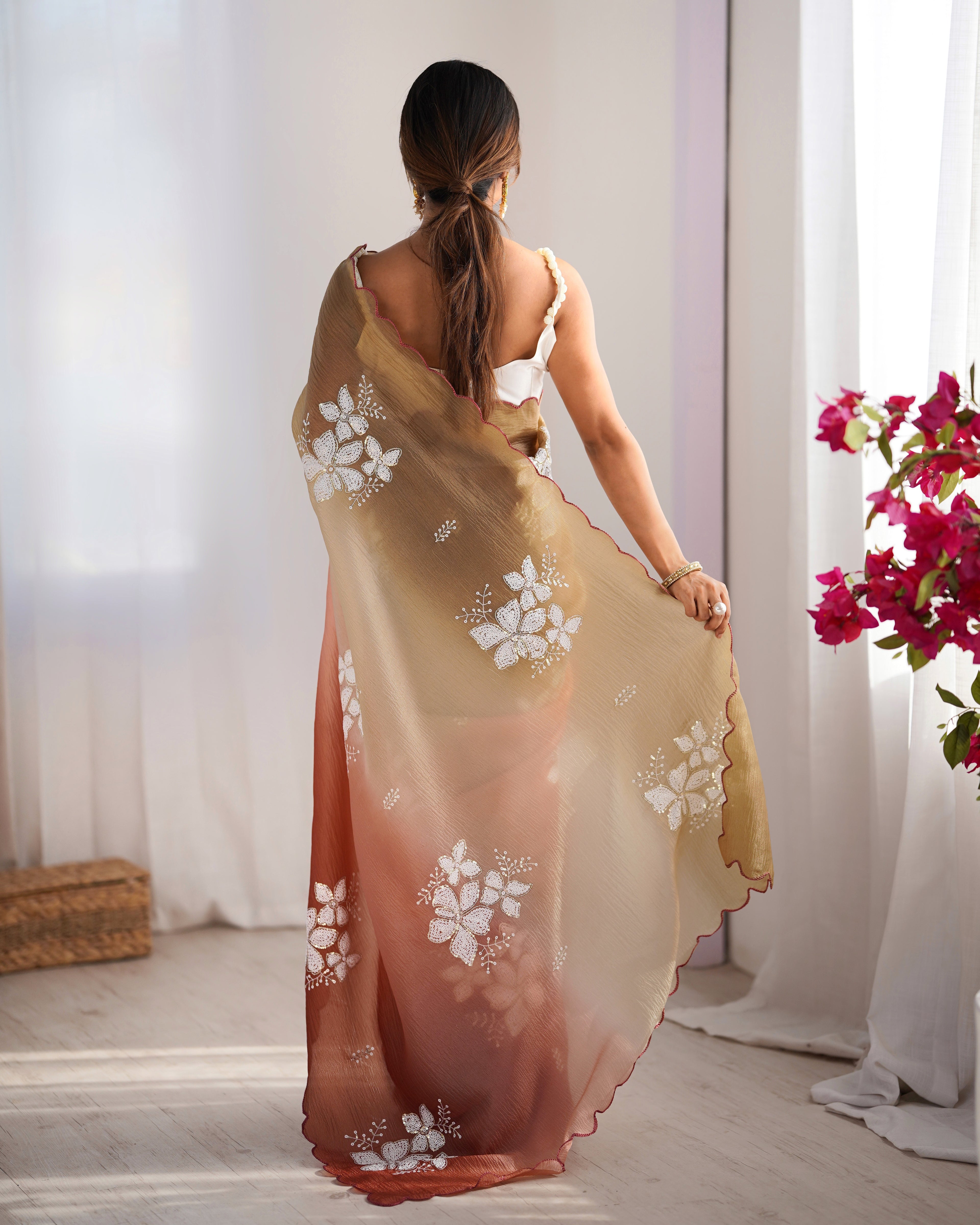 Choco-Orange Dual Tone Party Wear Saree | Crunchy Crush with Satin Silk Blouse & Embroidery Work