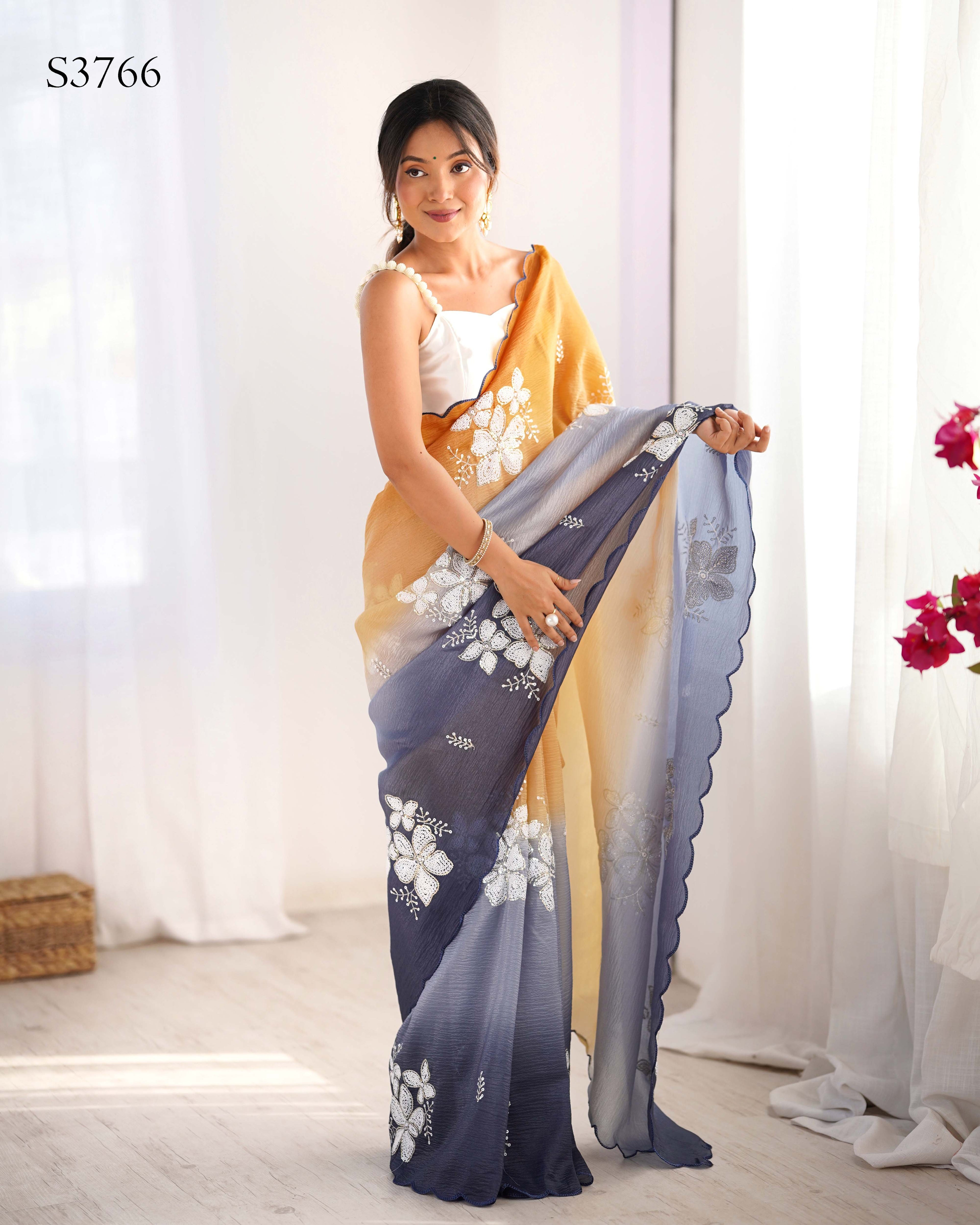Orange-Grey Dual Tone Party Wear Saree | Crunchy Crush with Satin Silk Blouse & Embroidery Work