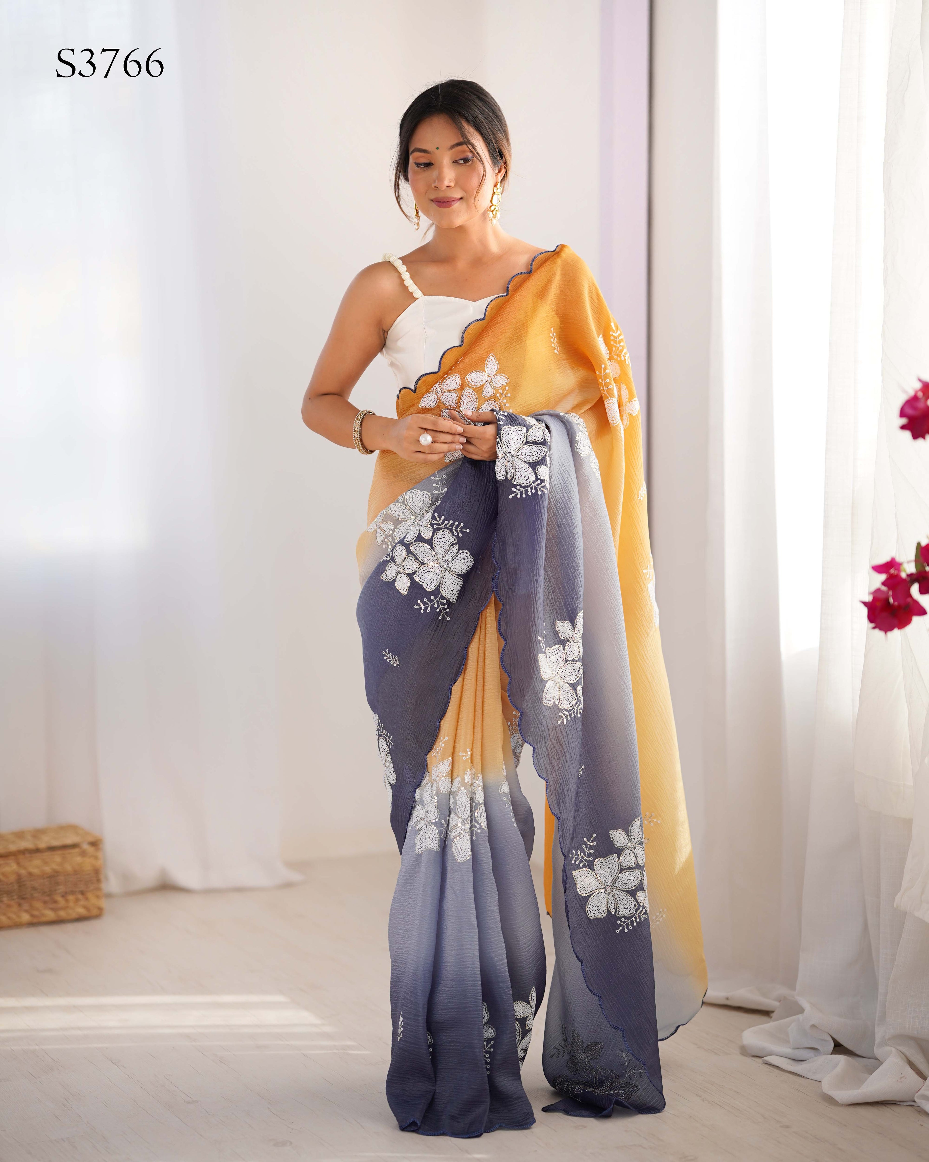 Orange-Grey Dual Tone Party Wear Saree | Crunchy Crush with Satin Silk Blouse & Embroidery Work