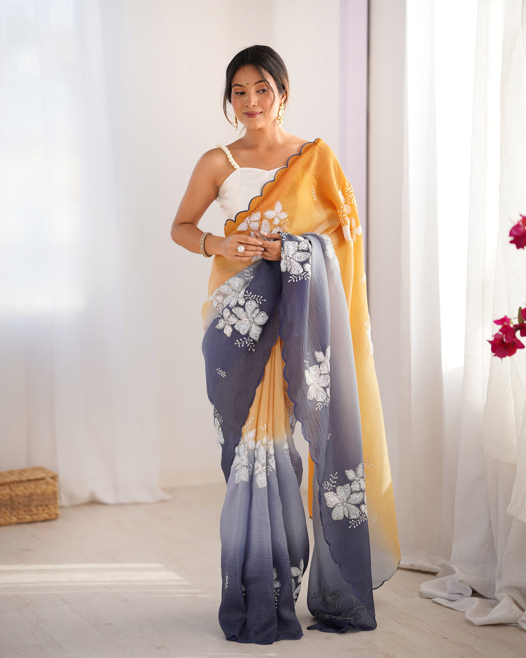 Orange-Grey Dual Tone Party Wear Saree | Crunchy Crush with Satin Silk Blouse & Embroidery Work