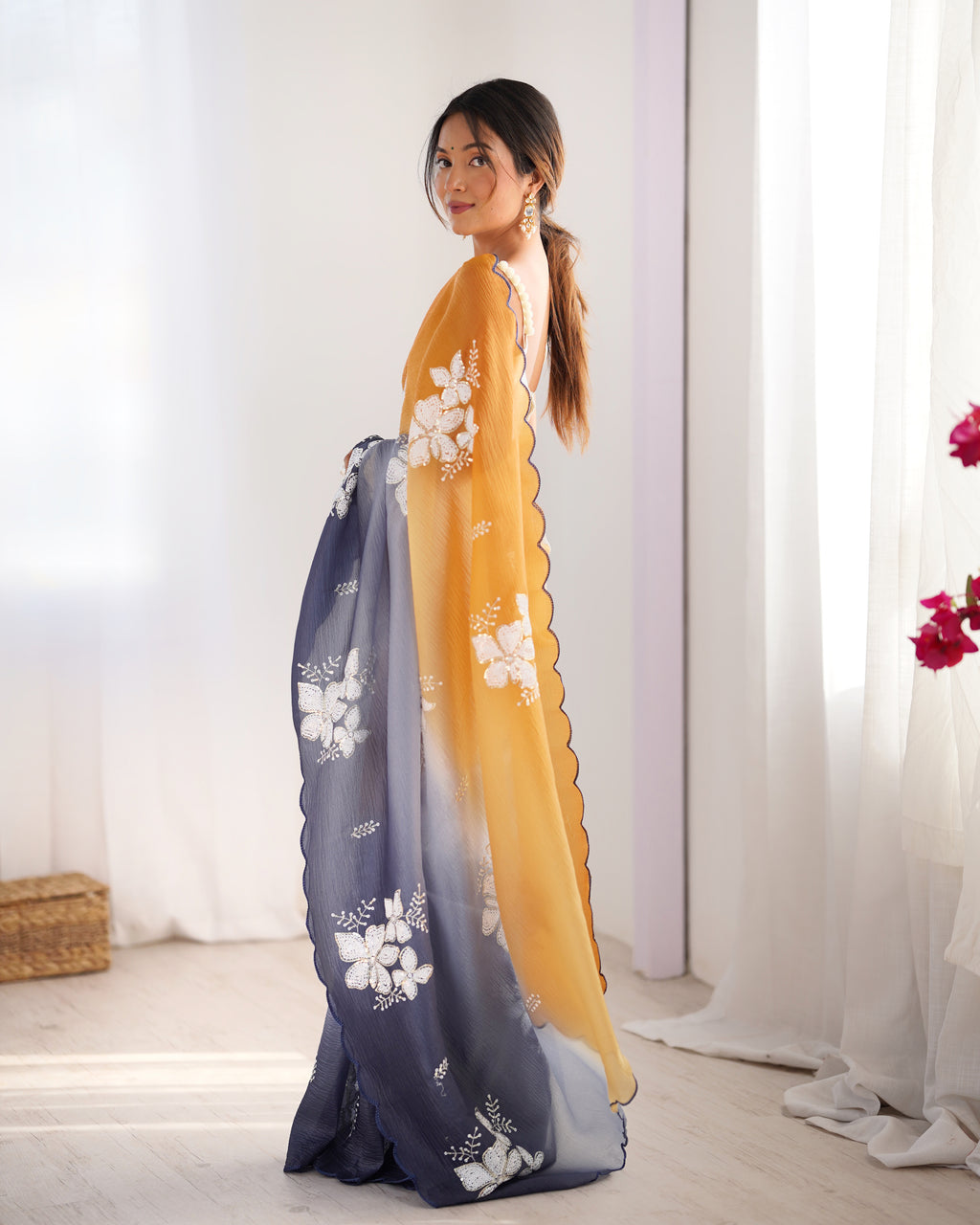 Orange-Grey Dual Tone Party Wear Saree | Crunchy Crush with Satin Silk Blouse & Embroidery Work