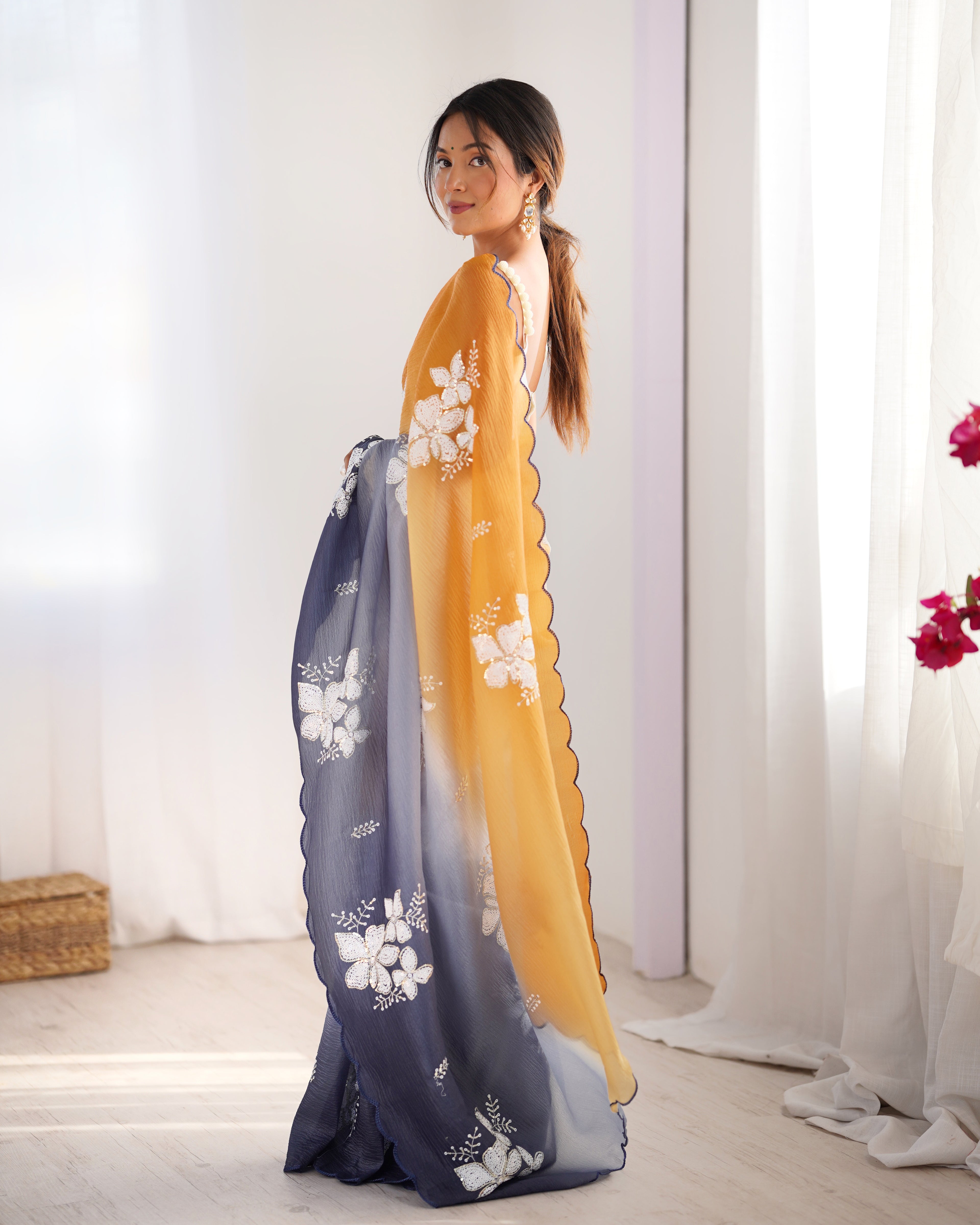 Orange-Grey Dual Tone Party Wear Saree | Crunchy Crush with Satin Silk Blouse & Embroidery Work