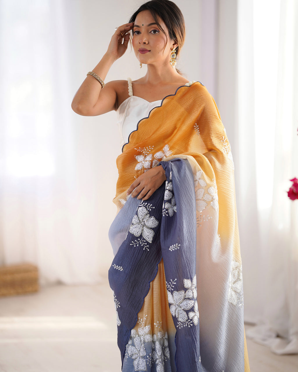 Orange-Grey Dual Tone Party Wear Saree | Crunchy Crush with Satin Silk Blouse & Embroidery Work