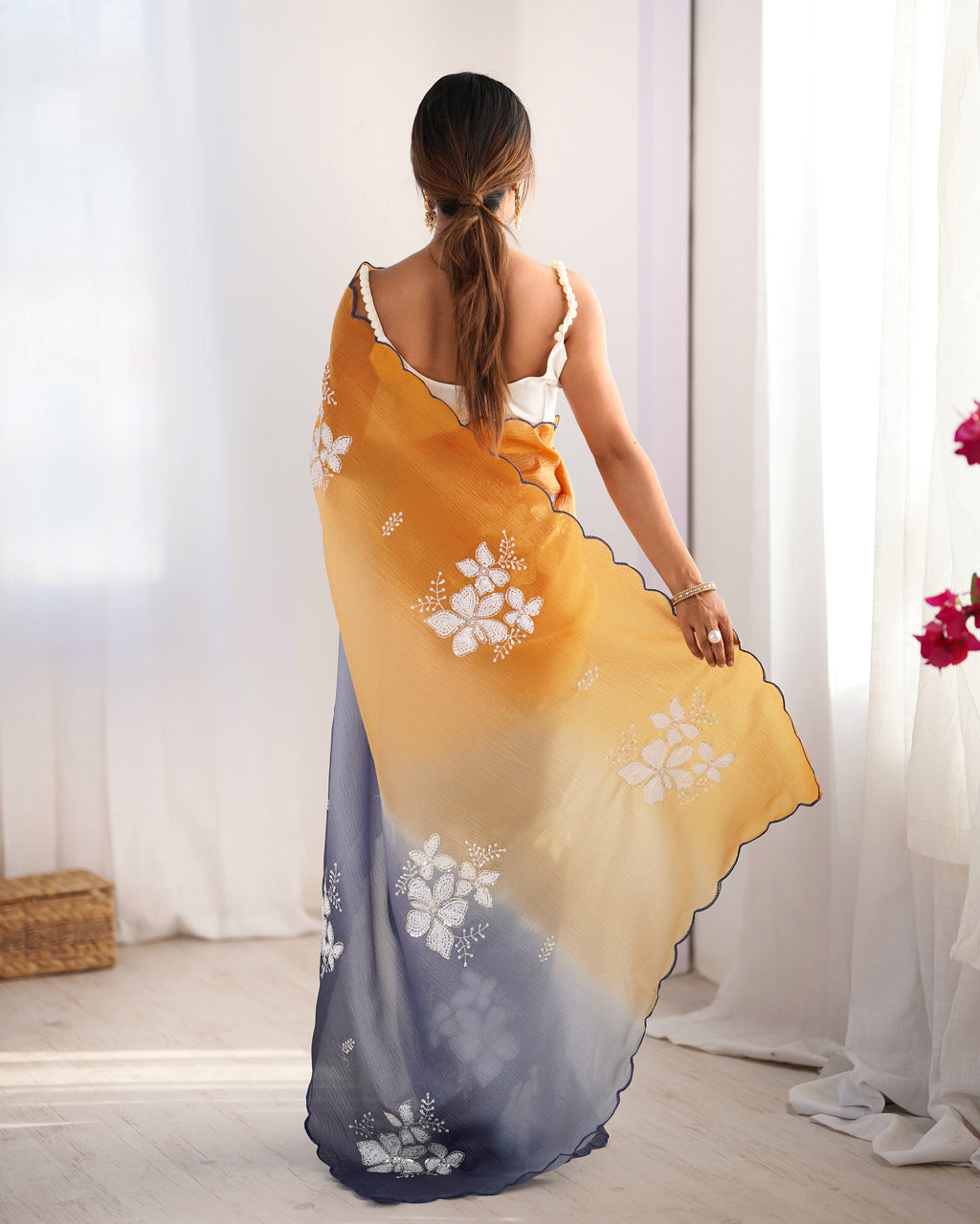 Orange-Grey Dual Tone Party Wear Saree | Crunchy Crush with Satin Silk Blouse & Embroidery Work
