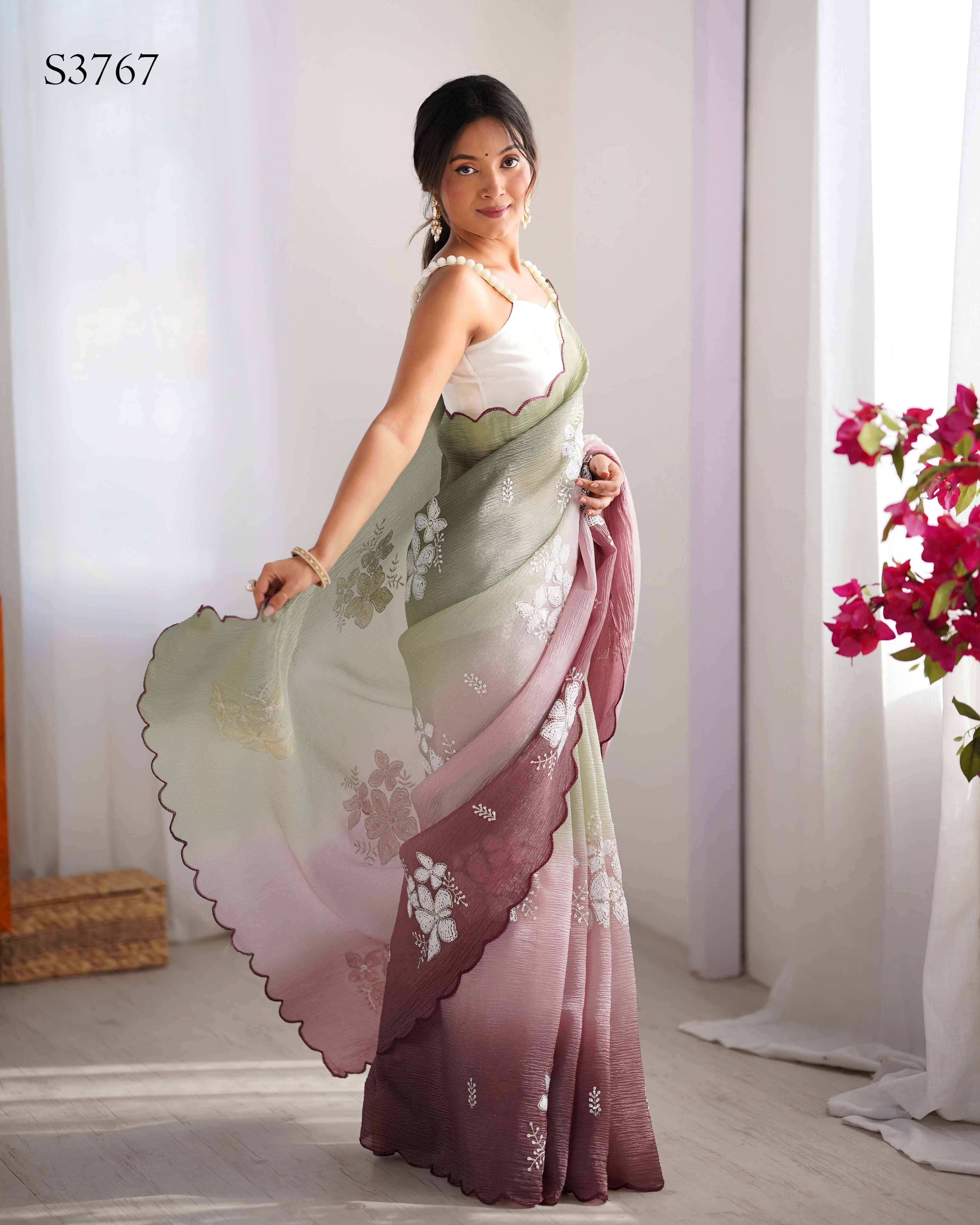Pista-Wine Dual Tone Party Wear Saree | Crunchy Crush with Satin Silk Blouse & Embroidery Work