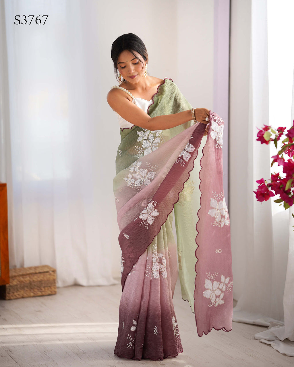 Pista-Wine Dual Tone Party Wear Saree | Crunchy Crush with Satin Silk Blouse & Embroidery Work
