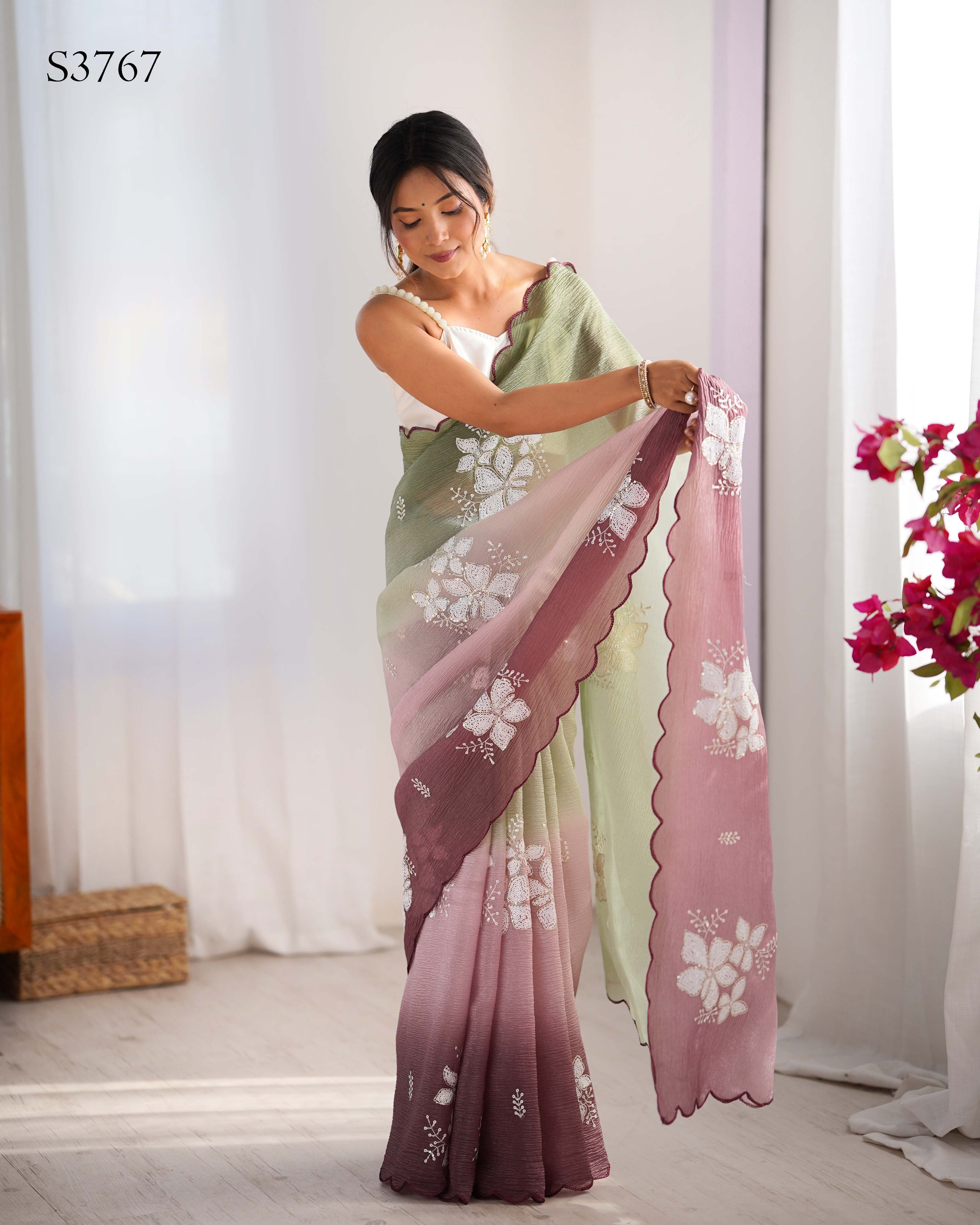 Pista-Wine Dual Tone Party Wear Saree | Crunchy Crush with Satin Silk Blouse & Embroidery Work