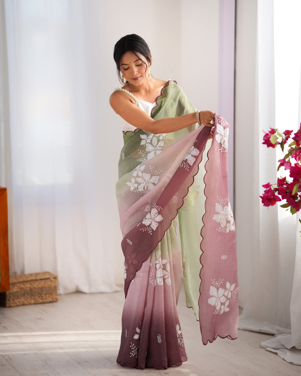 Pista-Wine Dual Tone Party Wear Saree | Crunchy Crush with Satin Silk Blouse & Embroidery Work