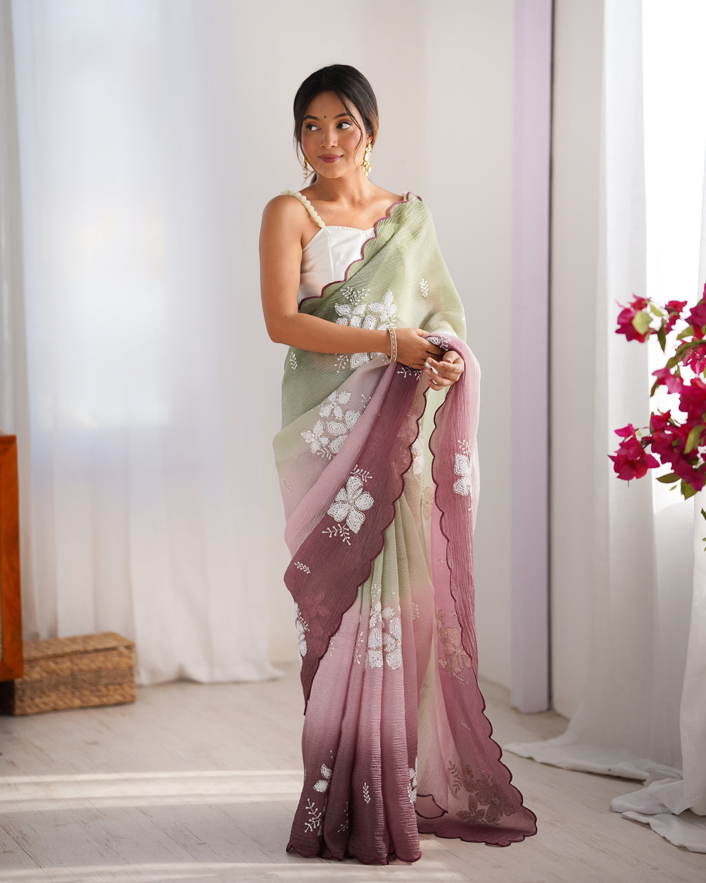 Pista-Wine Dual Tone Party Wear Saree | Crunchy Crush with Satin Silk Blouse & Embroidery Work