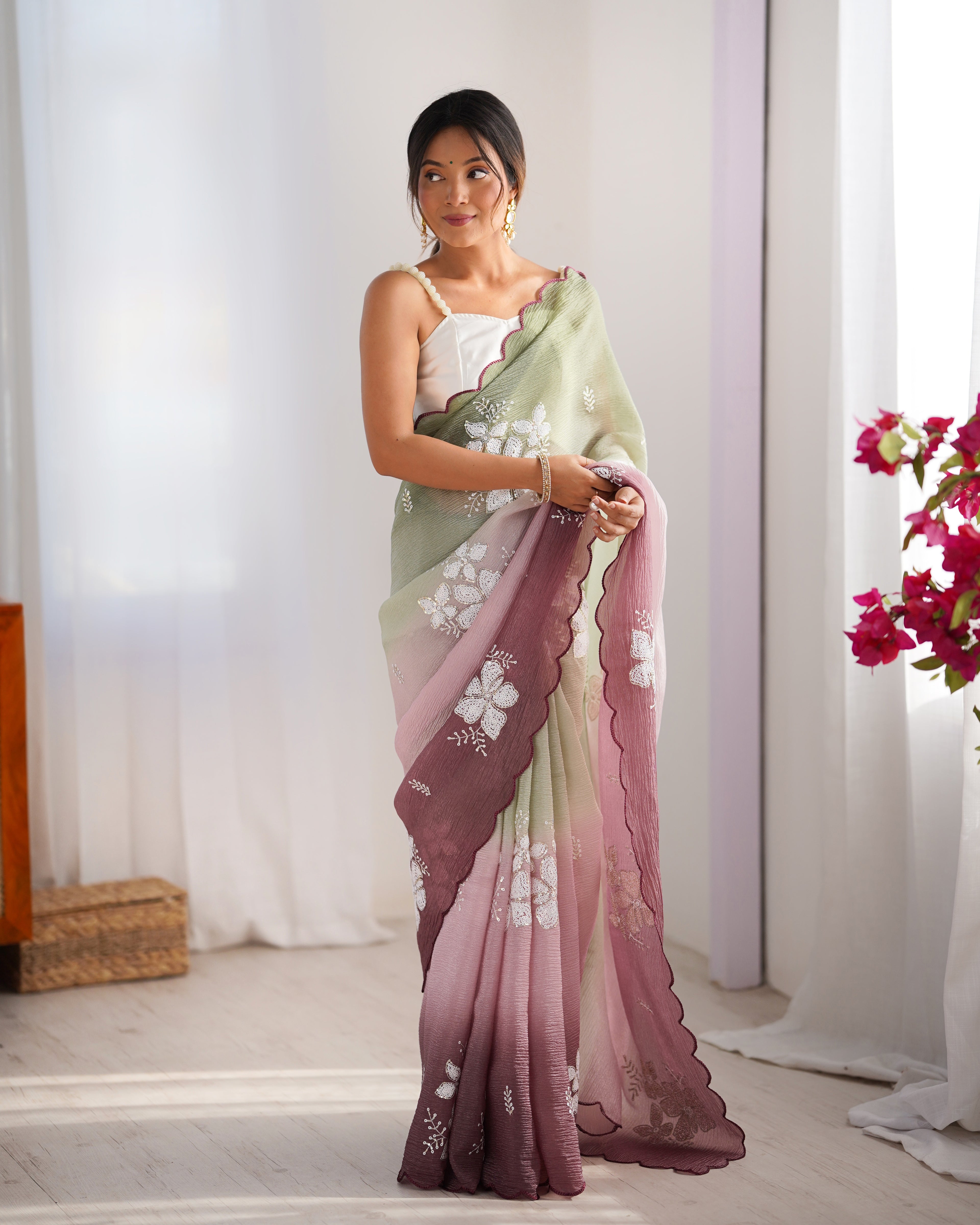 Pista-Wine Dual Tone Party Wear Saree | Crunchy Crush with Satin Silk Blouse & Embroidery Work
