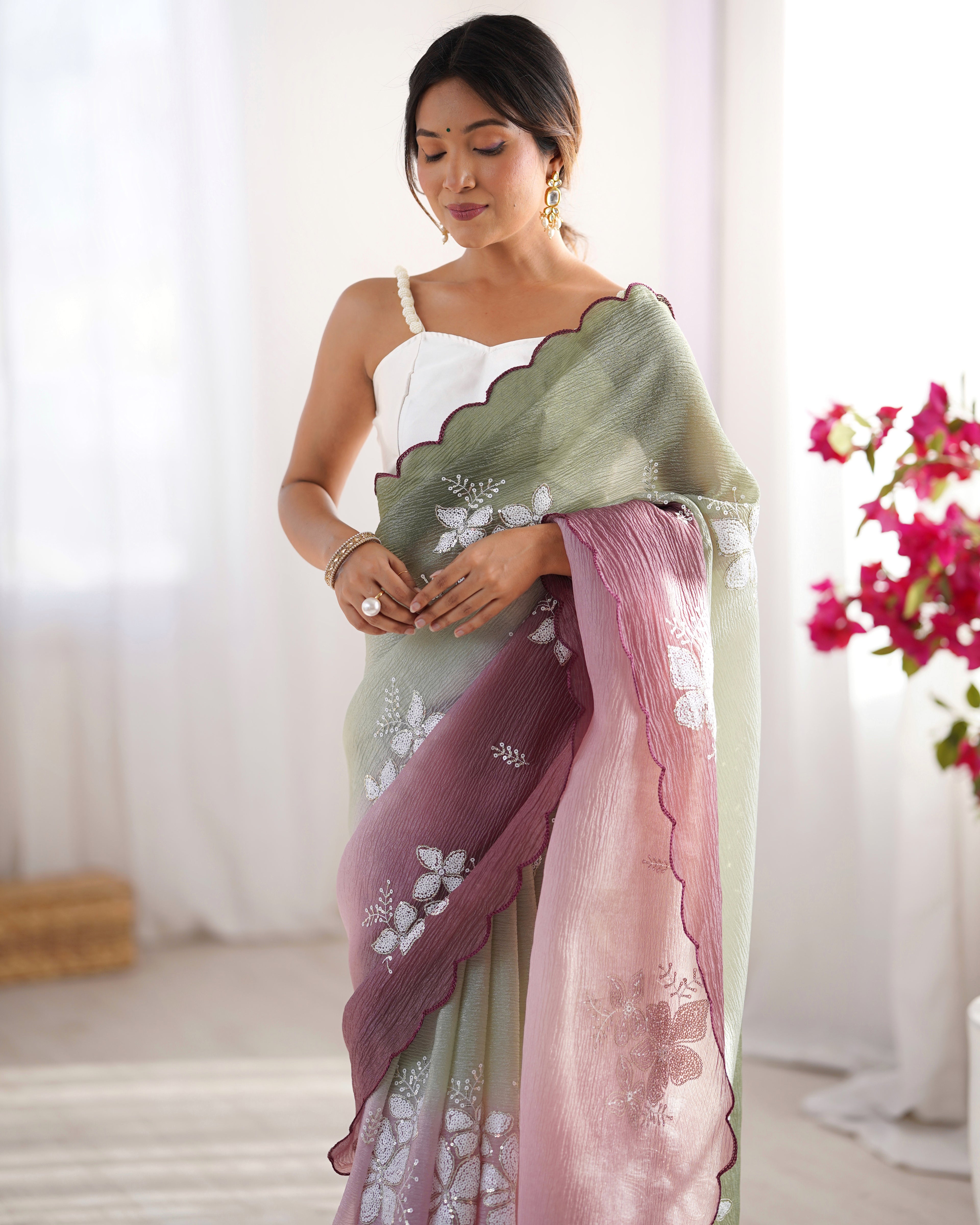 Pista-Wine Dual Tone Party Wear Saree | Crunchy Crush with Satin Silk Blouse & Embroidery Work