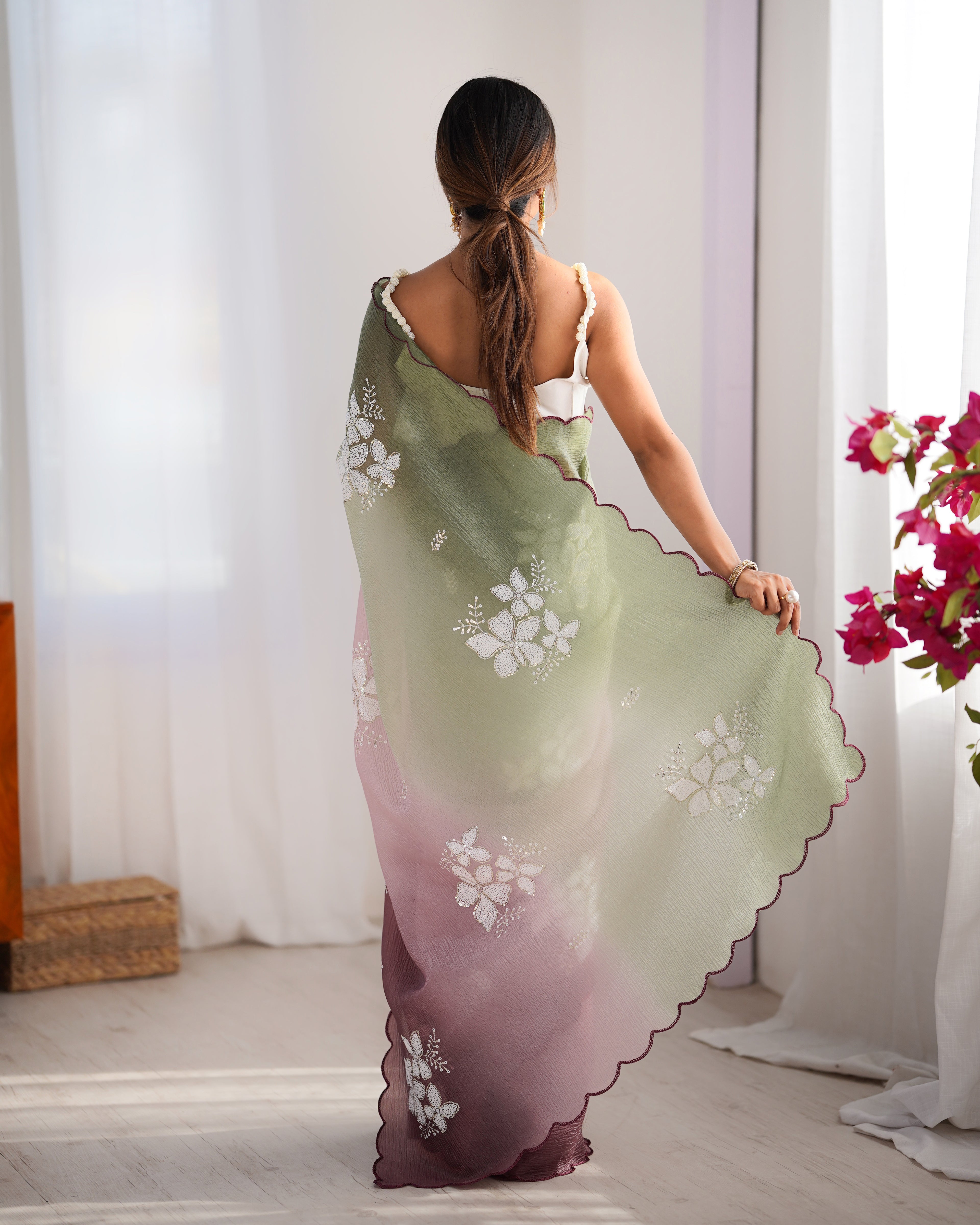 Pista-Wine Dual Tone Party Wear Saree | Crunchy Crush with Satin Silk Blouse & Embroidery Work